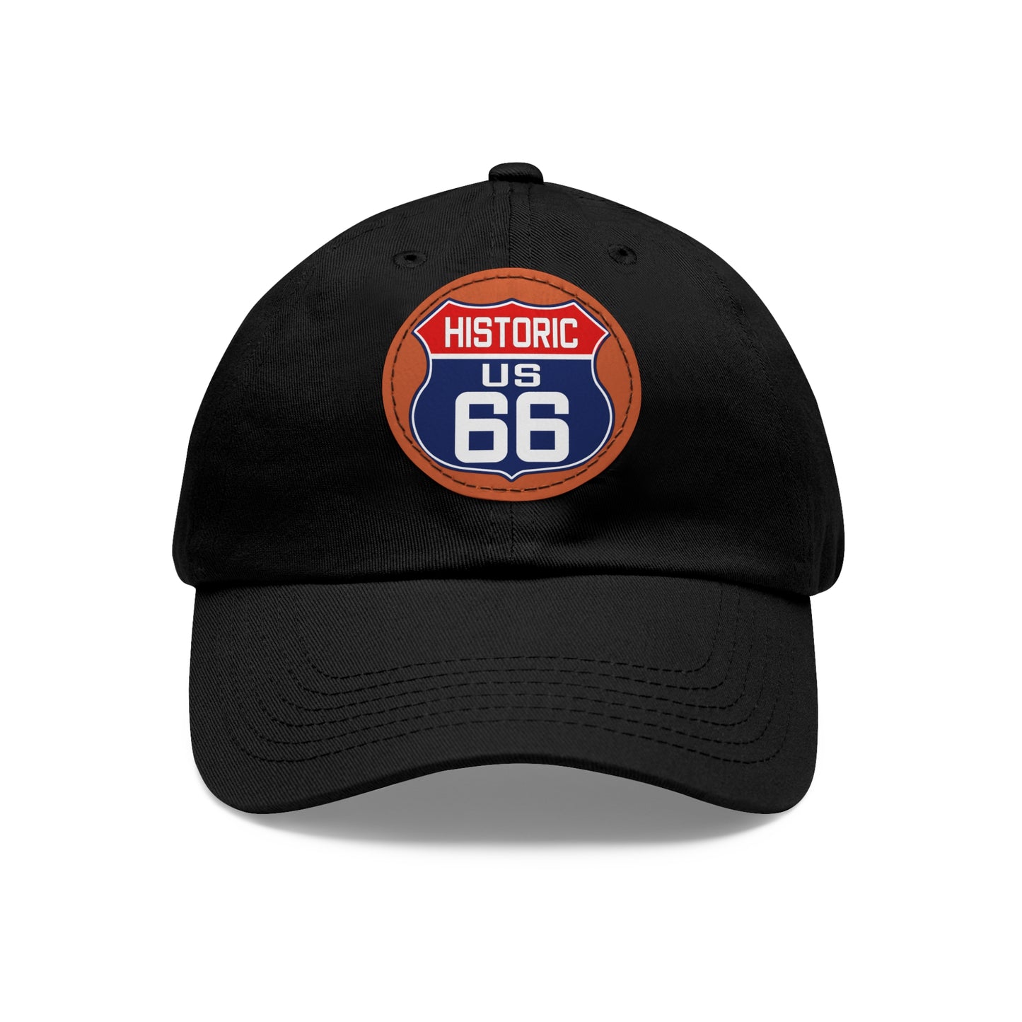 Route 66 Inspired Dad Hat in Red, White and Blue Dad Hat with Leather Patch (Round)