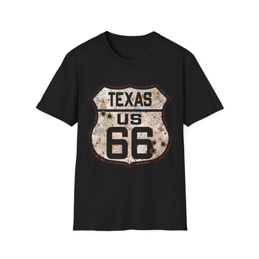 Vintage Texas Route 66 Tee, Rusty Look with Bullet Holes on Route 66 Shield Unisex Softstyle T-Shirt