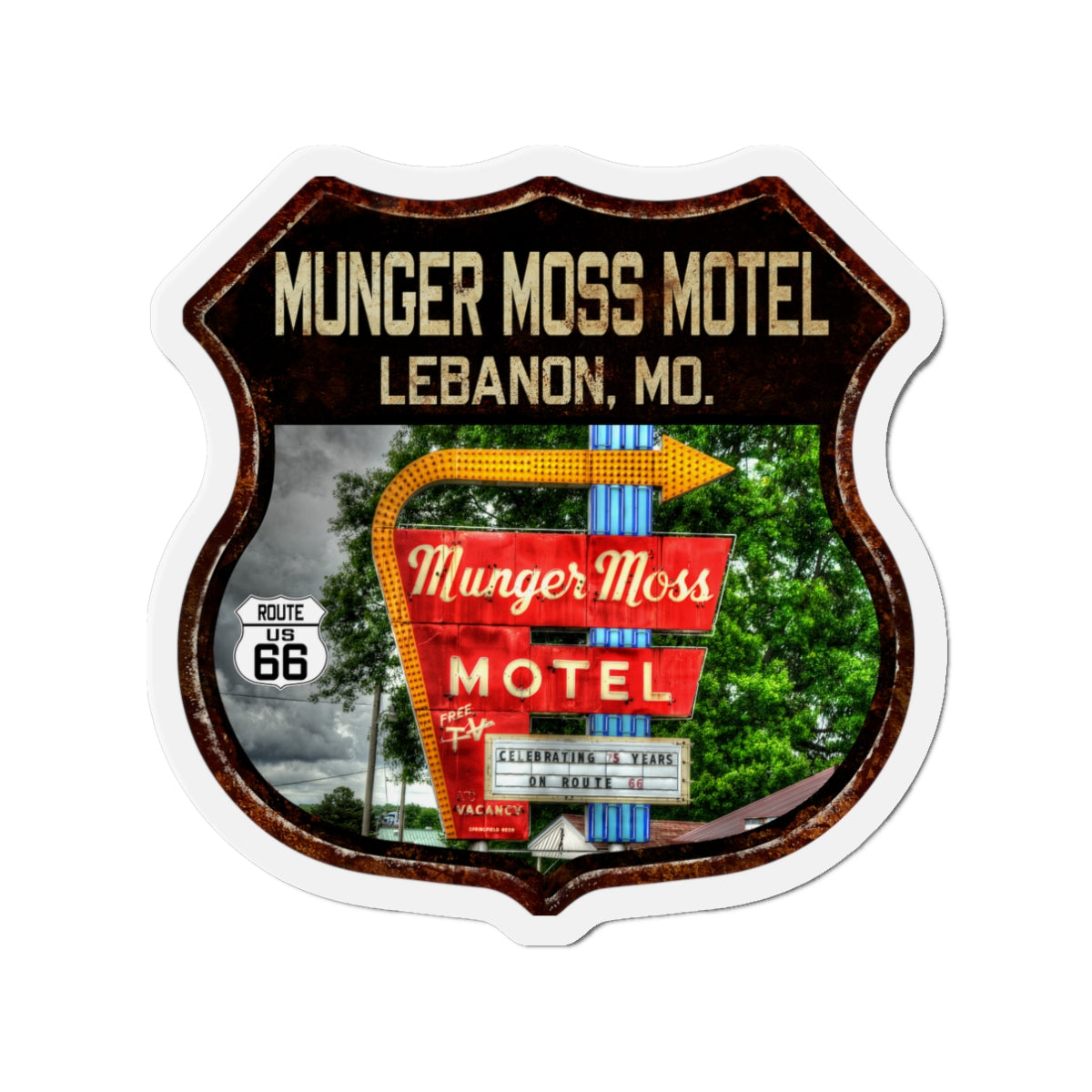 Vintage Munger Moss Motel Die-Cut Magnet - Route 66 Highway Shield Missouri