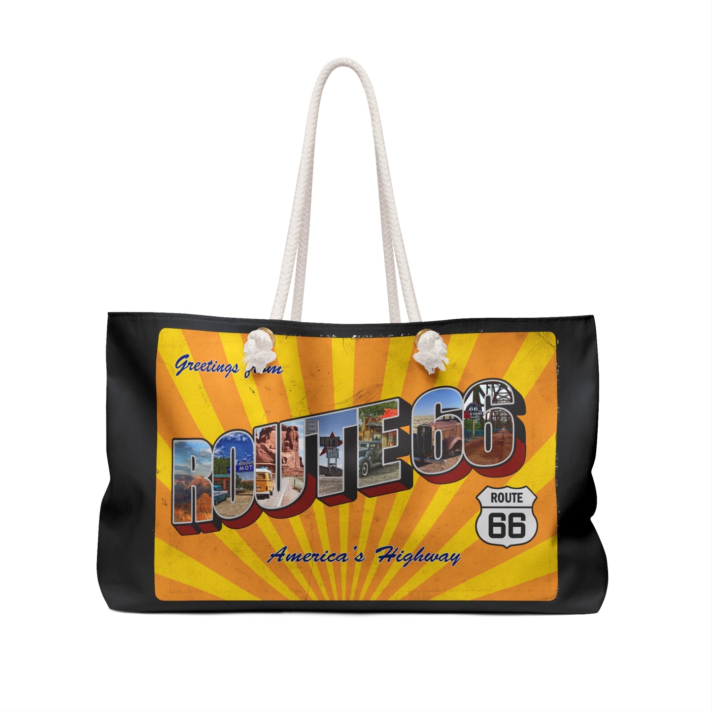 Weekend Getaway Essential: Route 66 Retro Postcard Weekender Bag