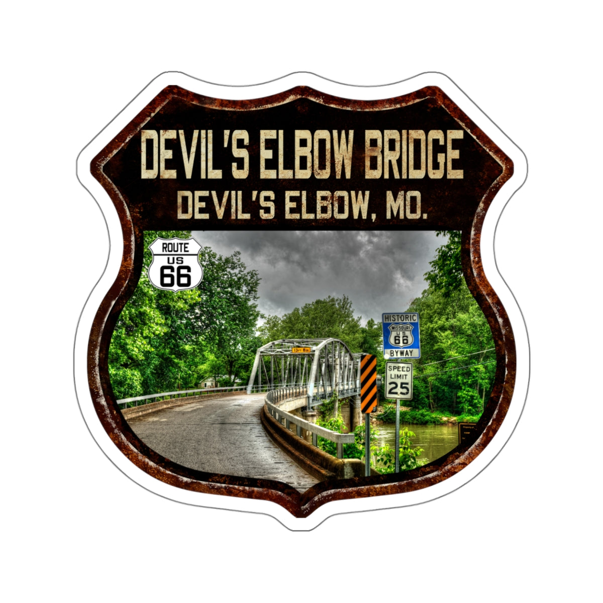 Sticker Devil's Elbow Bridge Route 66 Shield Missouri Kiss-Cut Stickers