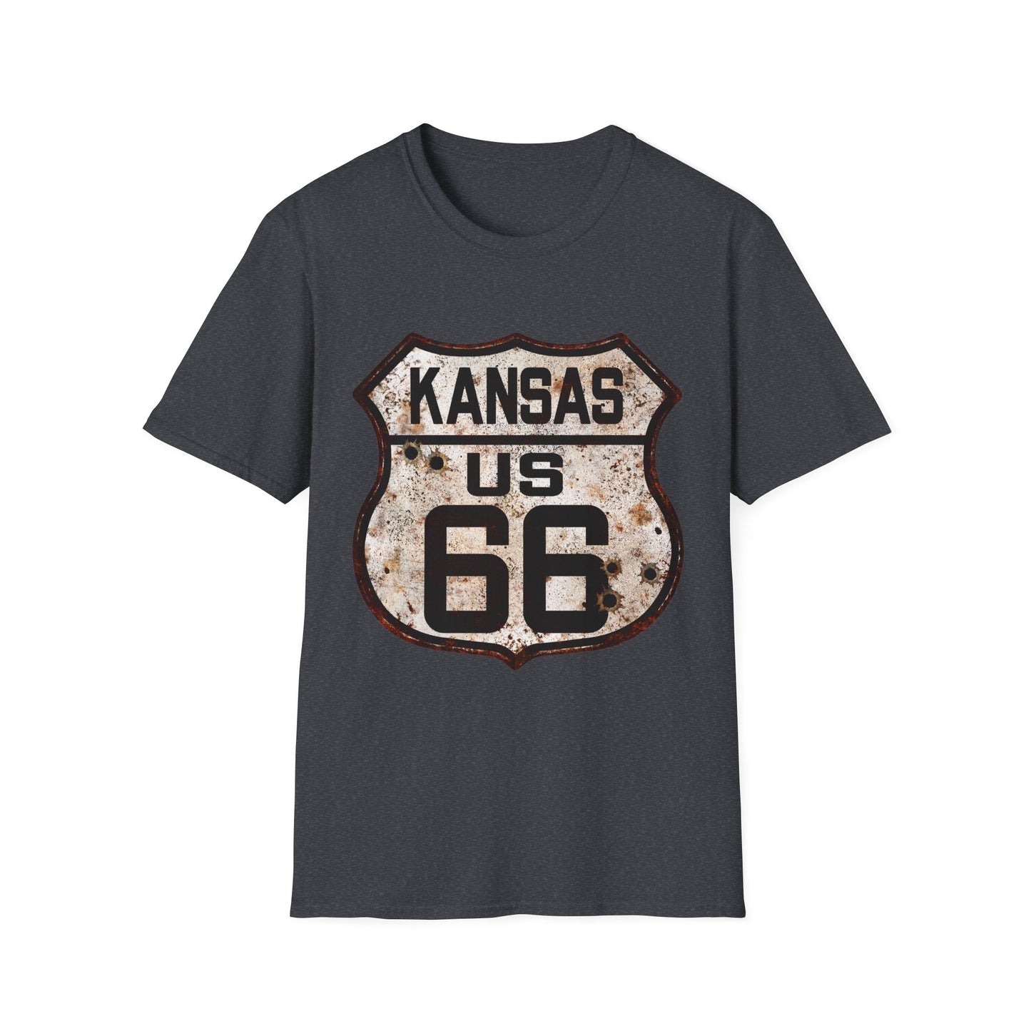 Vintage Kansas Route 66 Tee, Rusty Look with Bullet Holes on Route 66 Shield Unisex Softstyle T-Shirt