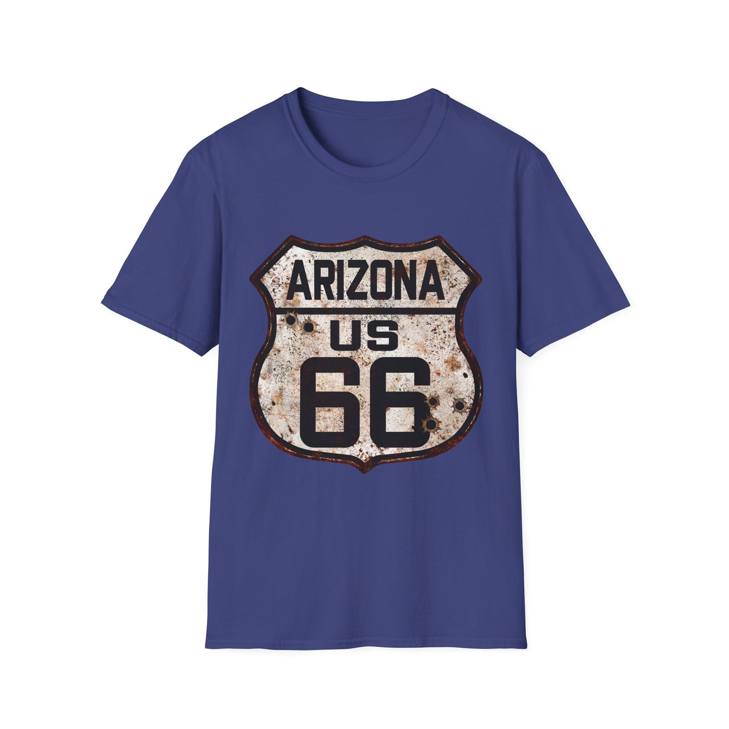 Vintage Arizona Route 66 Tee, Rusty Look with Bullet Holes on Route 66 Shield Unisex Softstyle T-Shirt