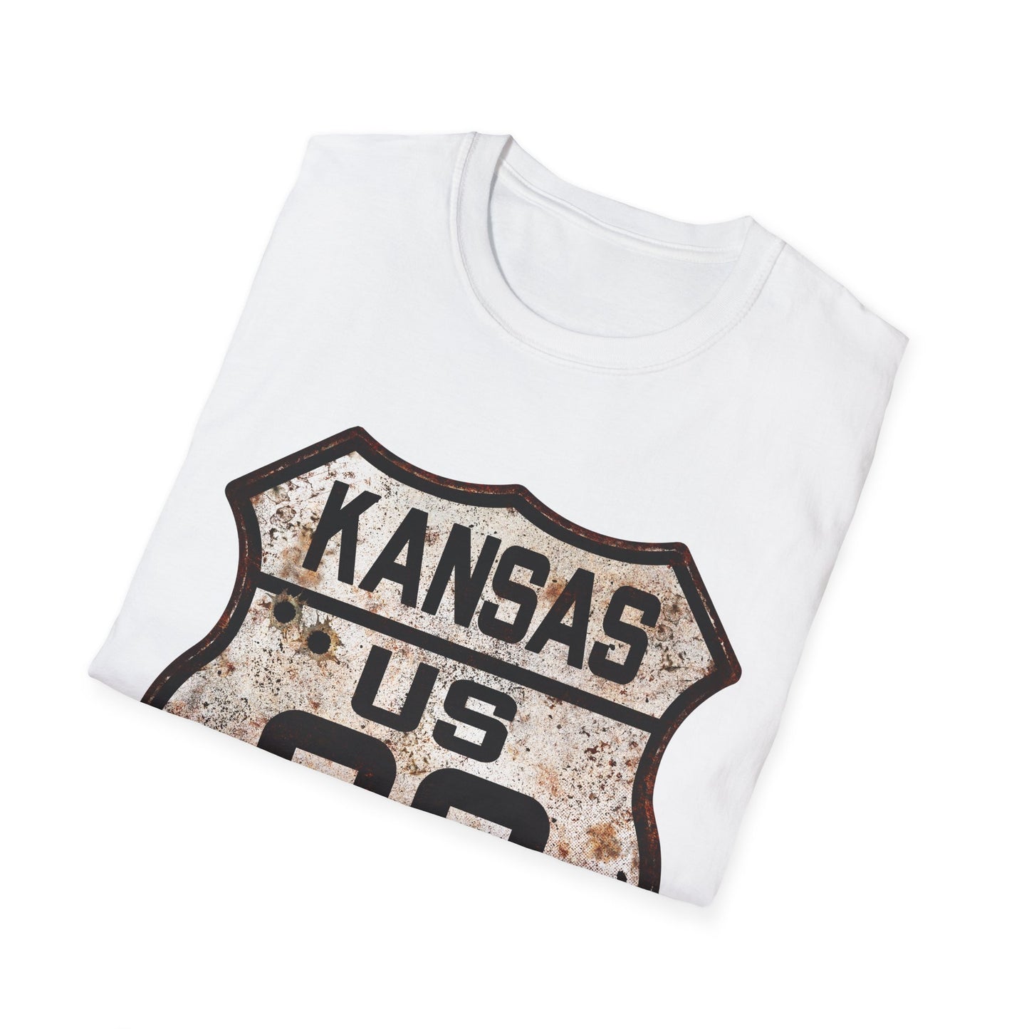 Vintage Kansas Route 66 Tee, Rusty Look with Bullet Holes on Route 66 Shield Unisex Softstyle T-Shirt