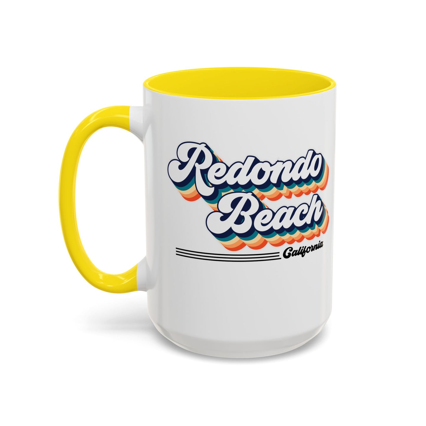 Coffee Mug, Redondo Beach Retro 80s Vibe Big Text, Tea Cup, Hot Chocolate Mug, Unique Gift for Beach Lovers, Birthday Gift for Coffee