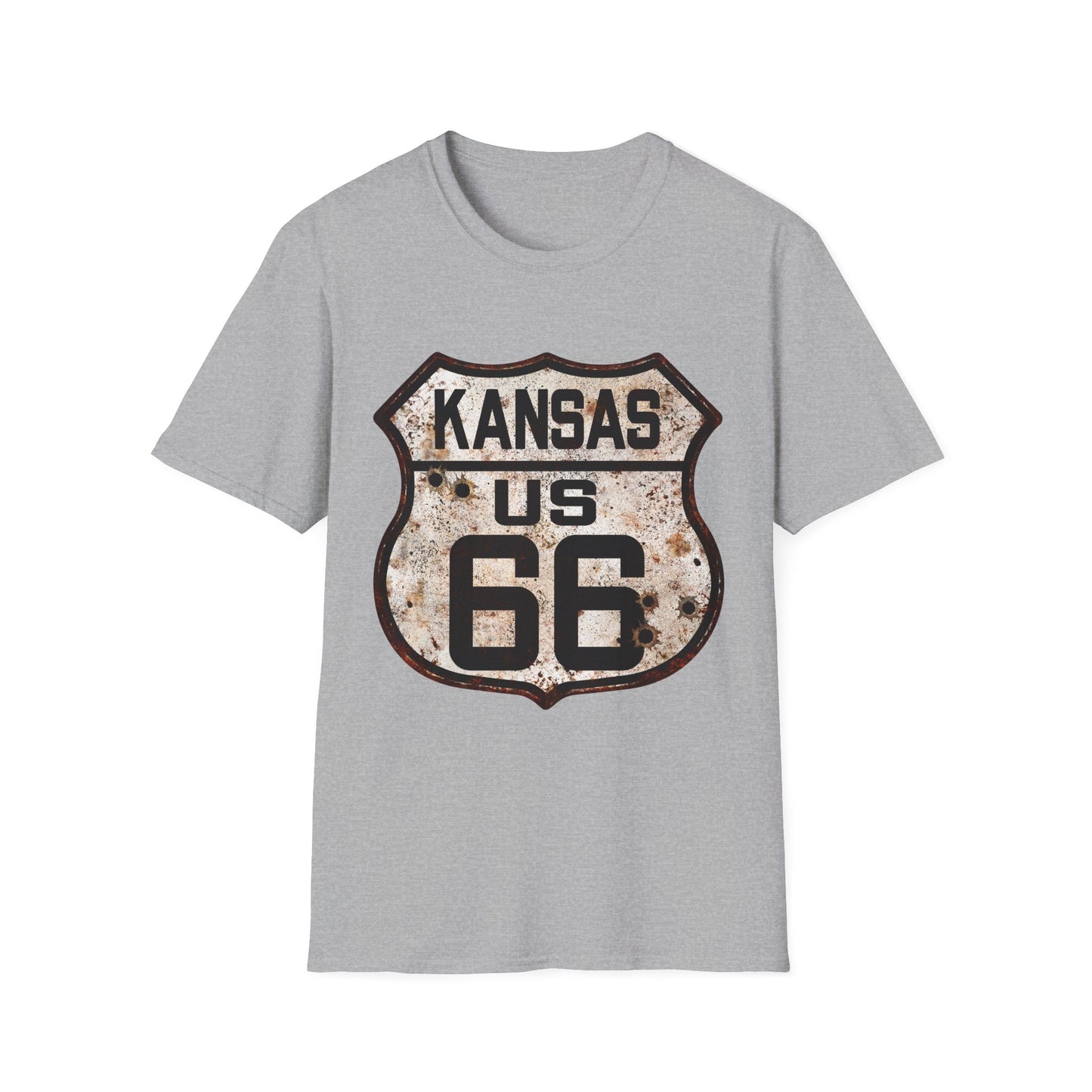 Vintage Kansas Route 66 Tee, Rusty Look with Bullet Holes on Route 66 Shield Unisex Softstyle T-Shirt