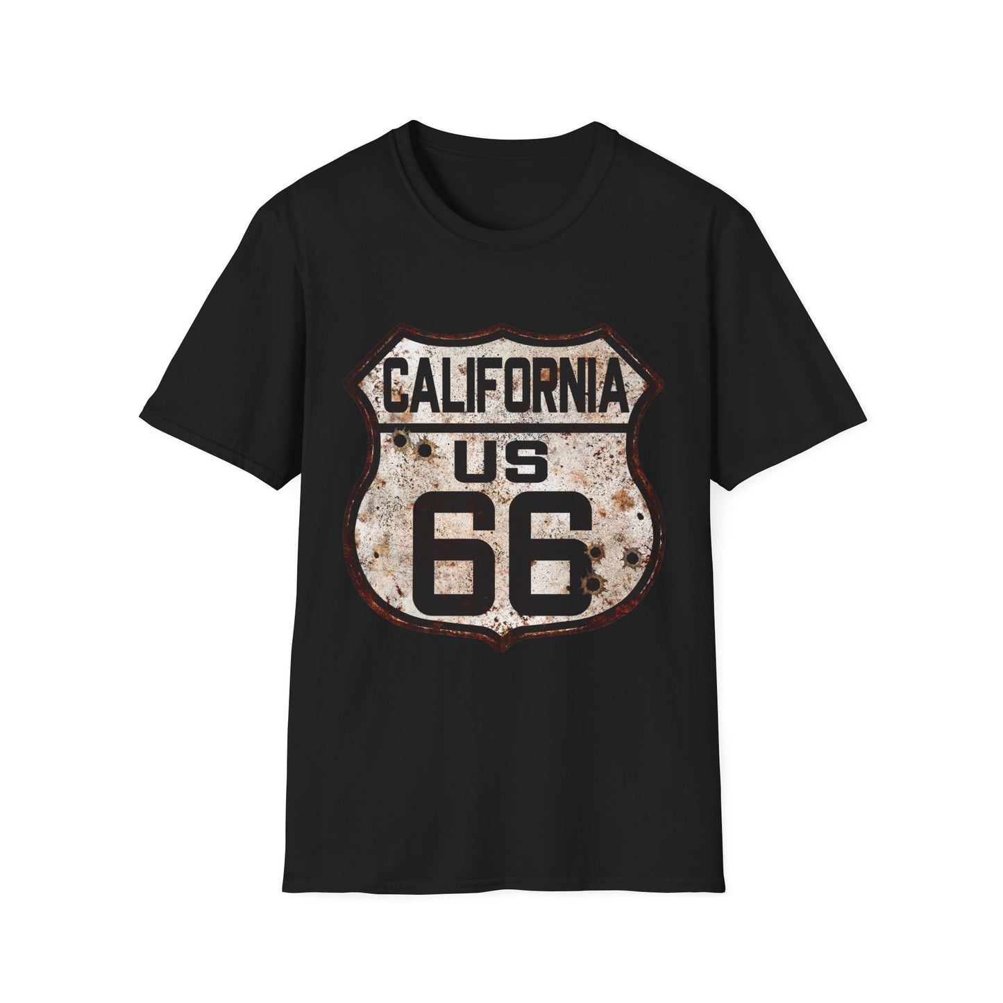 Vintage California Route 66 Tee, Rusty Look with Bullet Holes on Route 66 Shield Unisex Softstyle T-Shirt