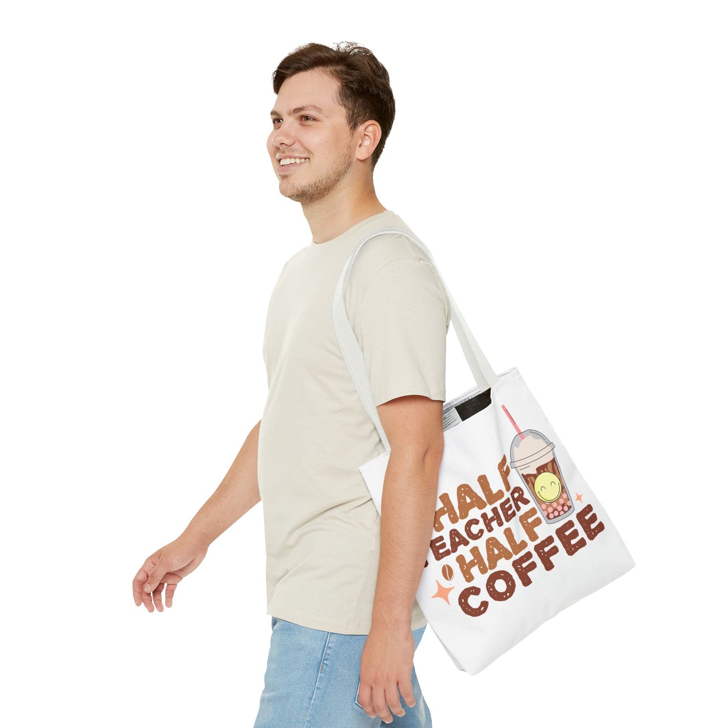 Funny Teacher Tote Bag - Half Teacher Half Coffee Design