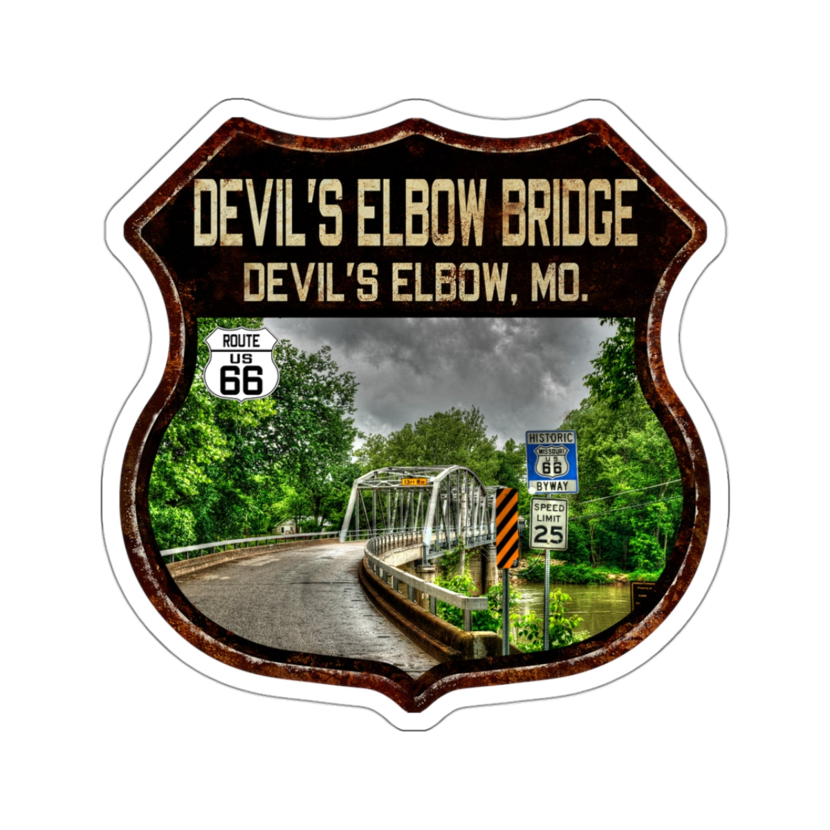 Sticker Devil's Elbow Bridge Route 66 Shield Missouri Kiss-Cut Stickers