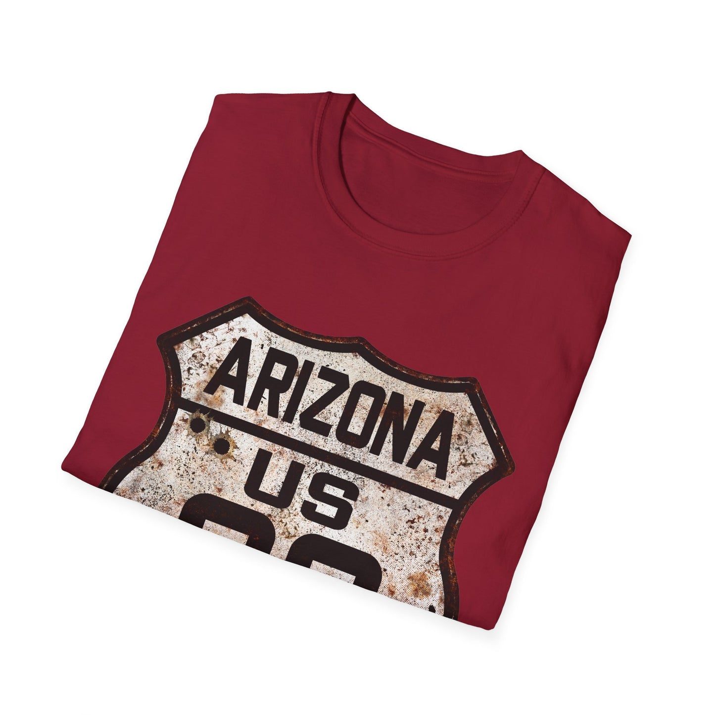 Vintage Arizona Route 66 Tee, Rusty Look with Bullet Holes on Route 66 Shield Unisex Softstyle T-Shirt