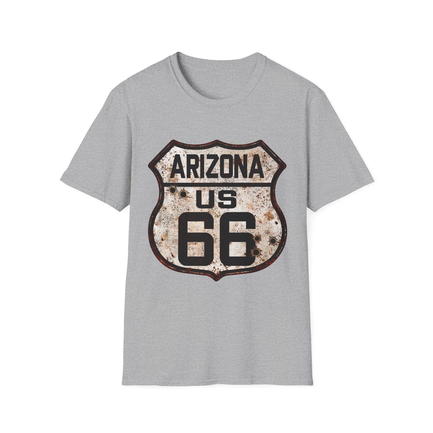 Vintage Arizona Route 66 Tee, Rusty Look with Bullet Holes on Route 66 Shield Unisex Softstyle T-Shirt