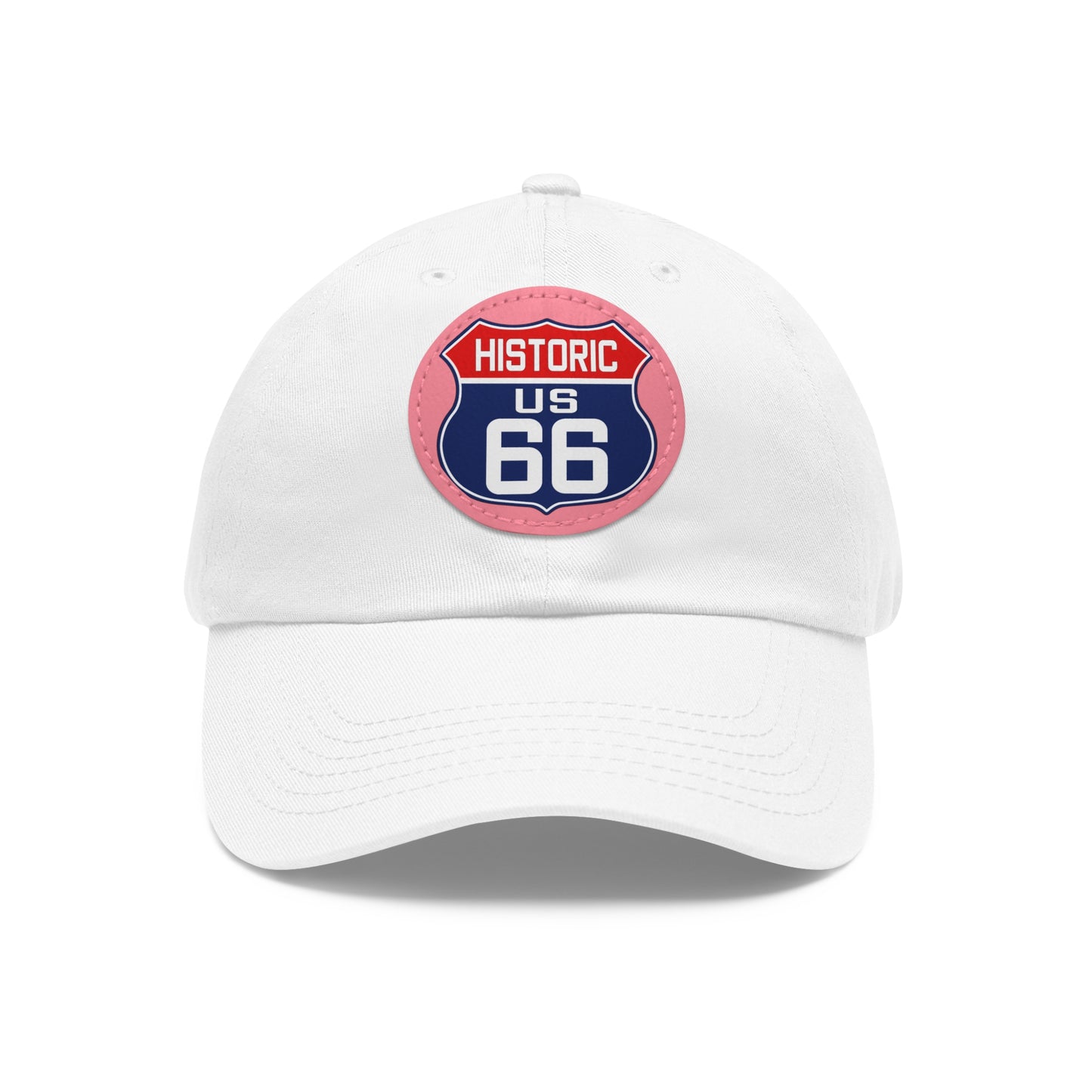 Route 66 Inspired Dad Hat in Red, White and Blue Dad Hat with Leather Patch (Round)