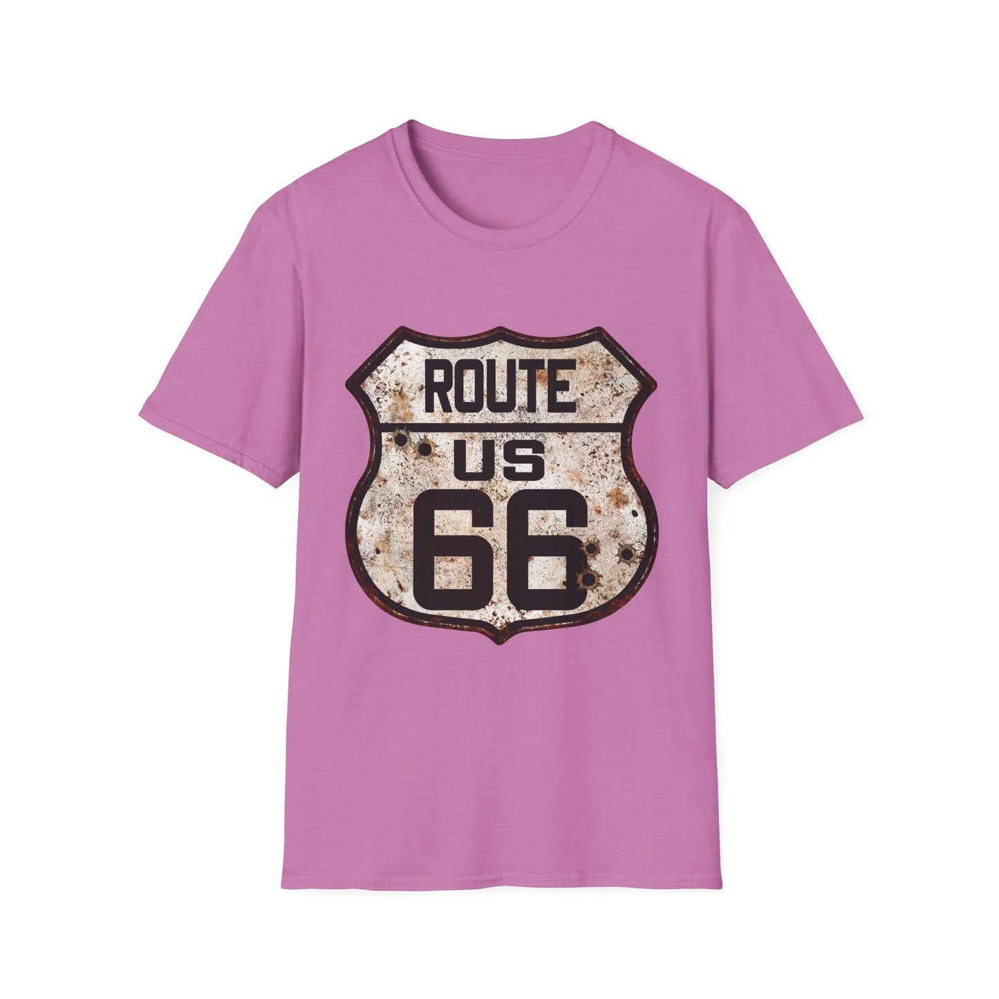 VIntage Route 66 Tee, Rusty Look with Bullet Holes on Route 66 Shield Unisex Softstyle T-Shirt