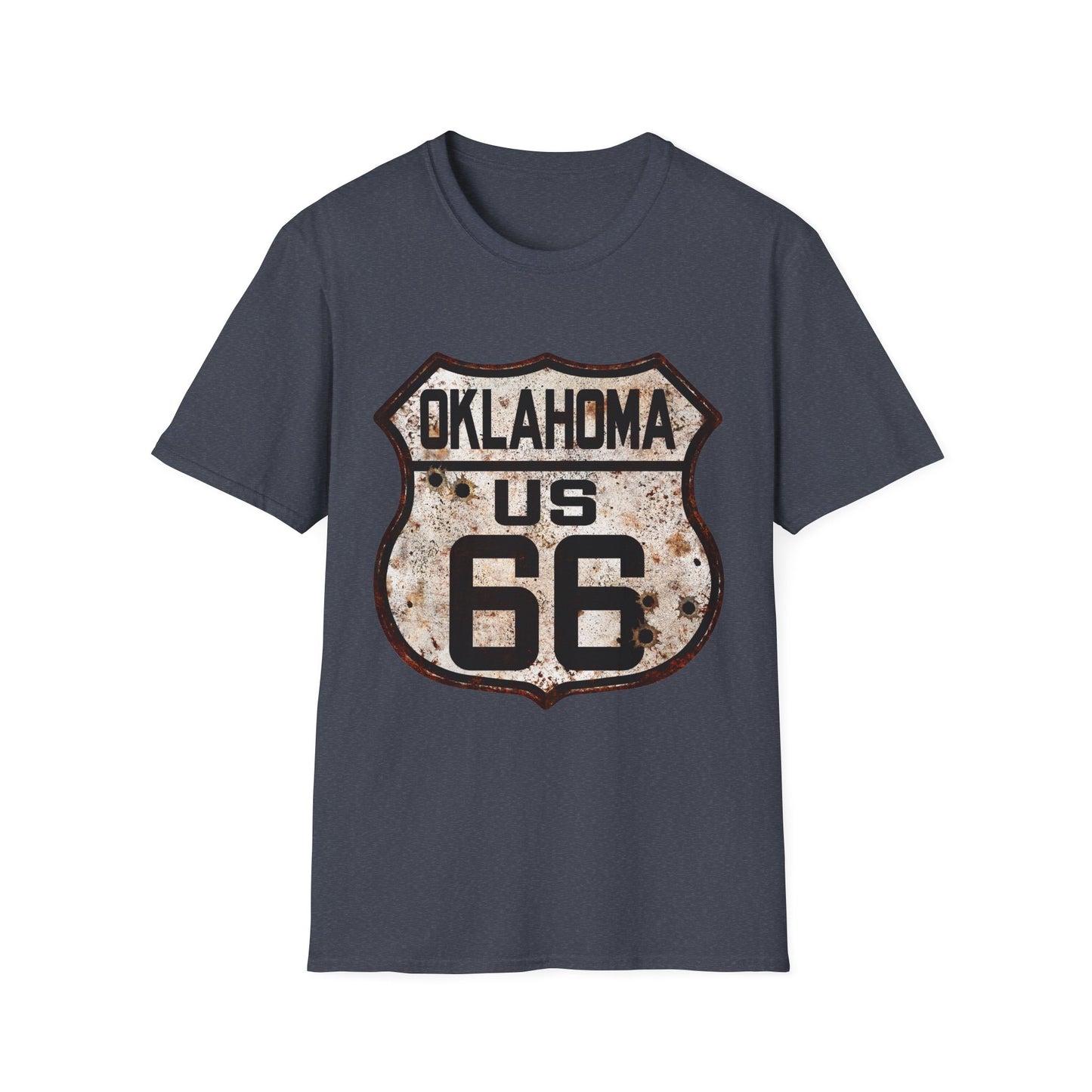 Vintage Oklahoma Route 66 Tee, Rusty Look with Bullet Holes on Route 66 Shield Unisex Softstyle T-Shirt