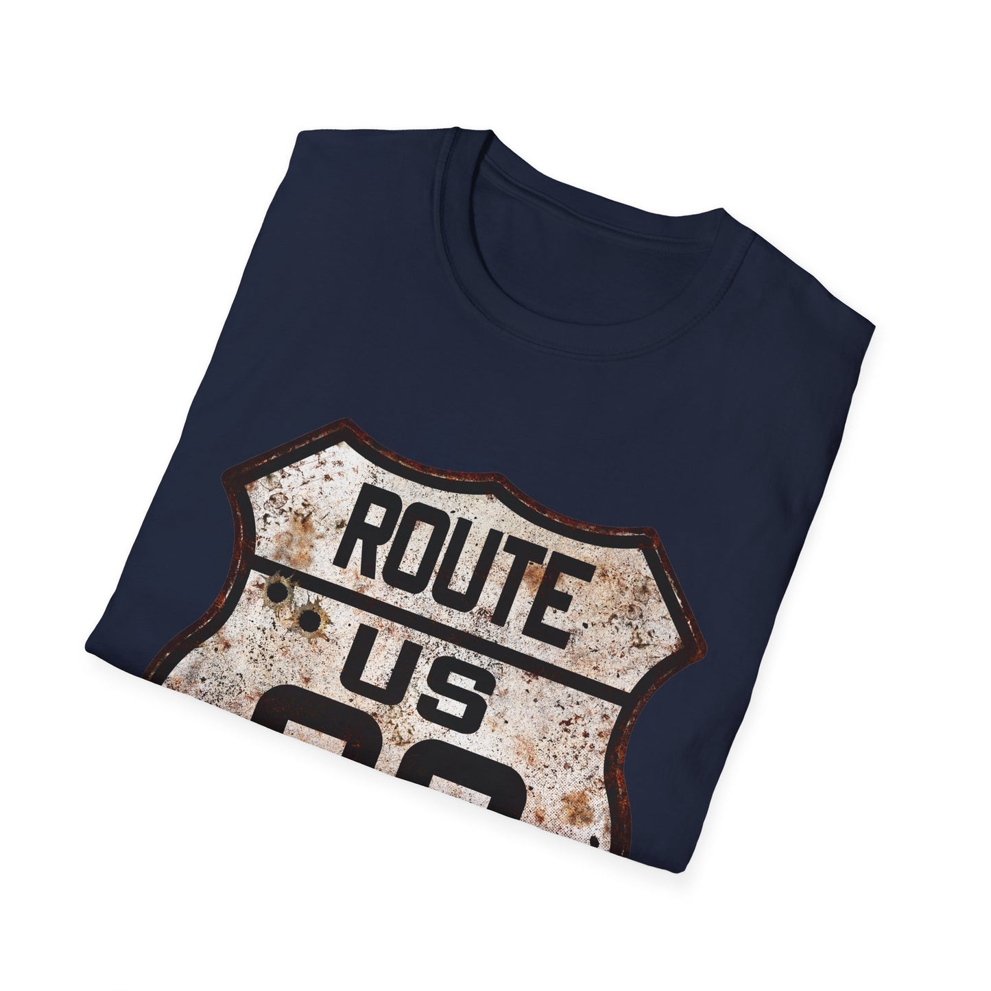 VIntage Route 66 Tee, Rusty Look with Bullet Holes on Route 66 Shield Unisex Softstyle T-Shirt