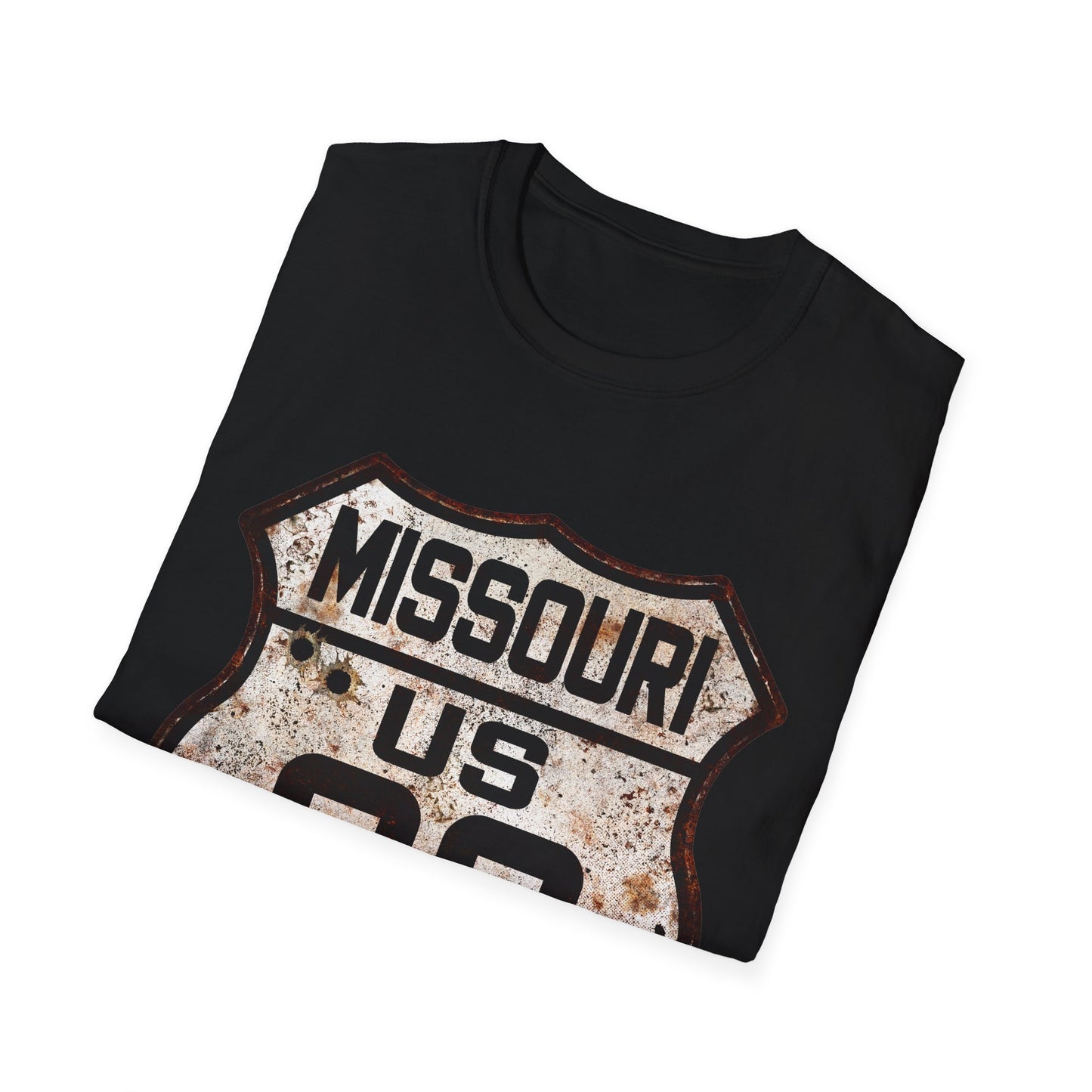 Vintage Missouri Route 66 Tee, Rusty Look with Bullet Holes on Route 66 Shield Unisex Softstyle T-Shirt