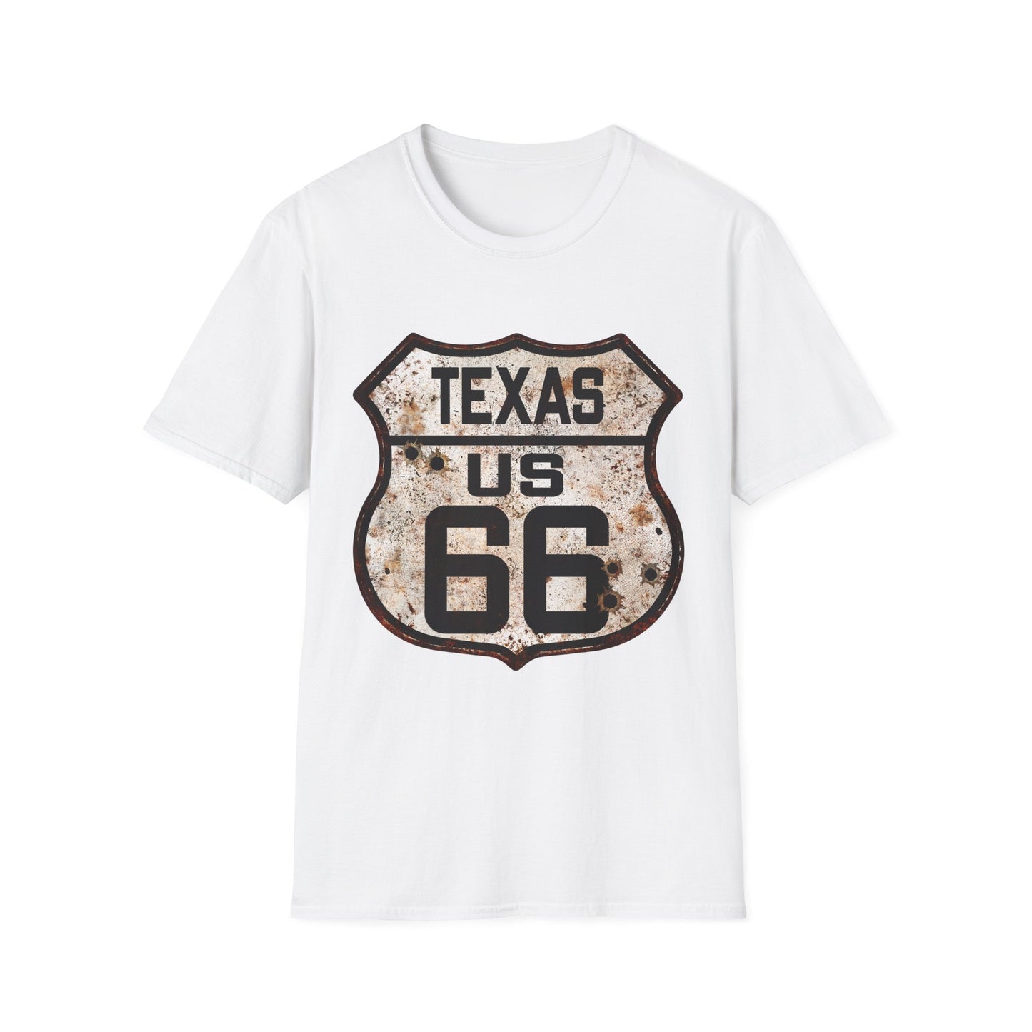 Vintage Texas Route 66 Tee, Rusty Look with Bullet Holes on Route 66 Shield Unisex Softstyle T-Shirt