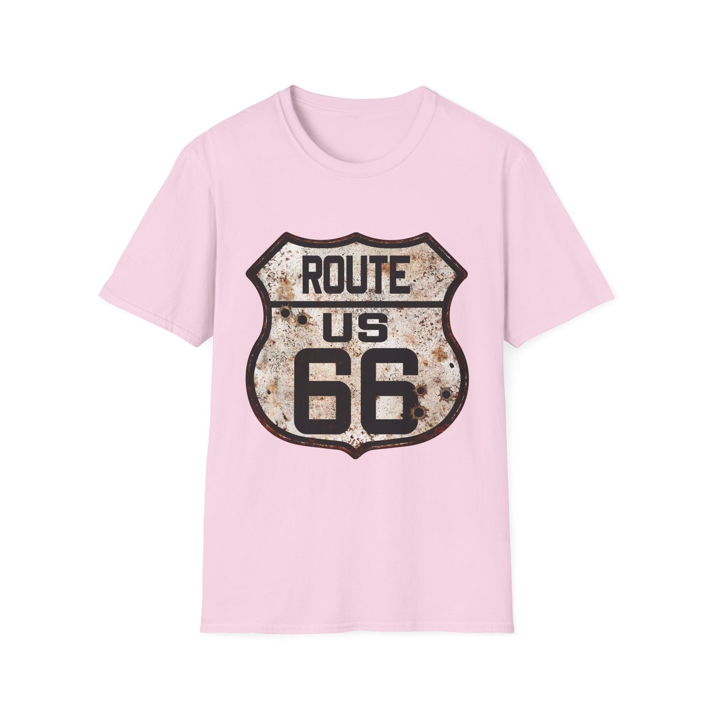 VIntage Route 66 Tee, Rusty Look with Bullet Holes on Route 66 Shield Unisex Softstyle T-Shirt