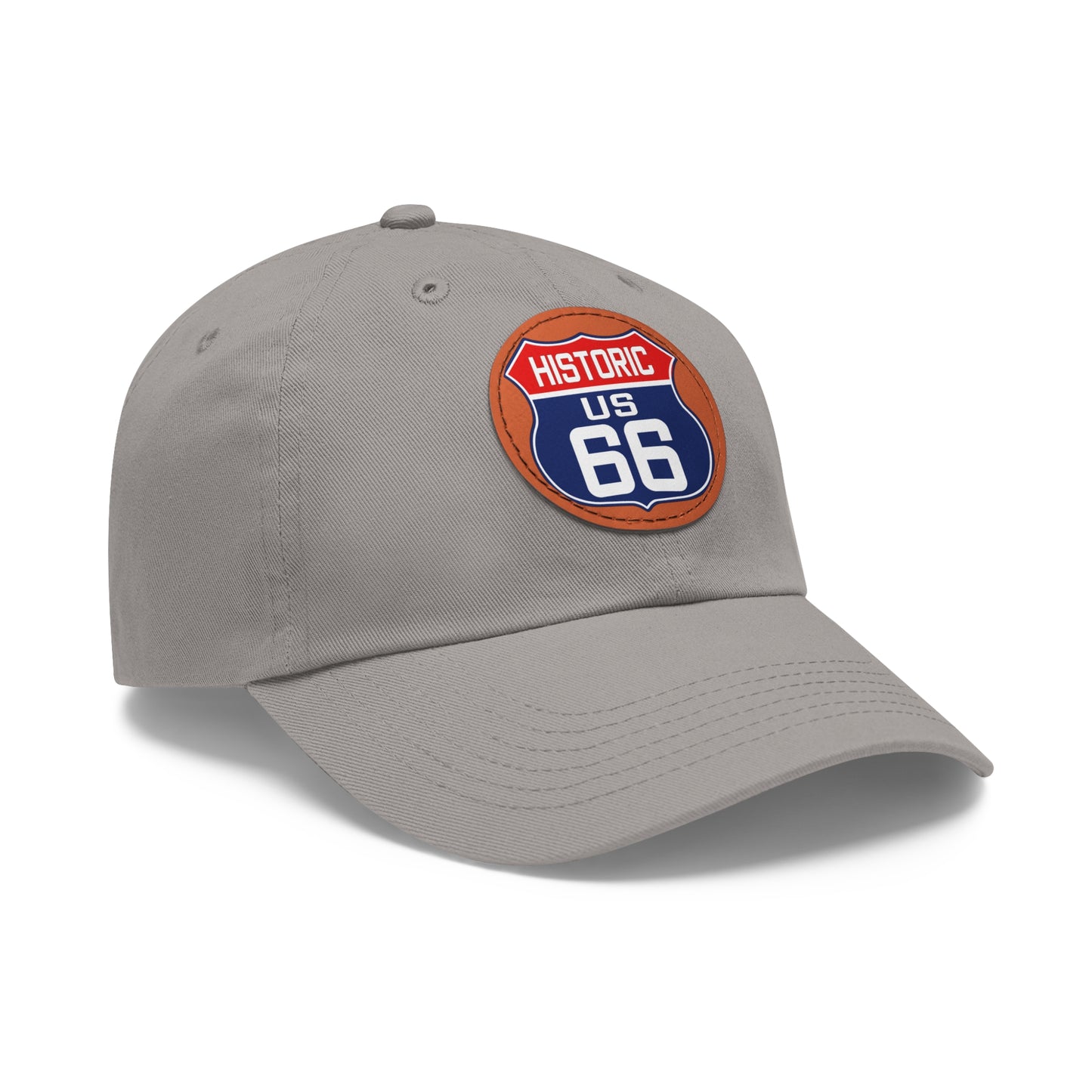 Route 66 Inspired Dad Hat in Red, White and Blue Dad Hat with Leather Patch (Round)