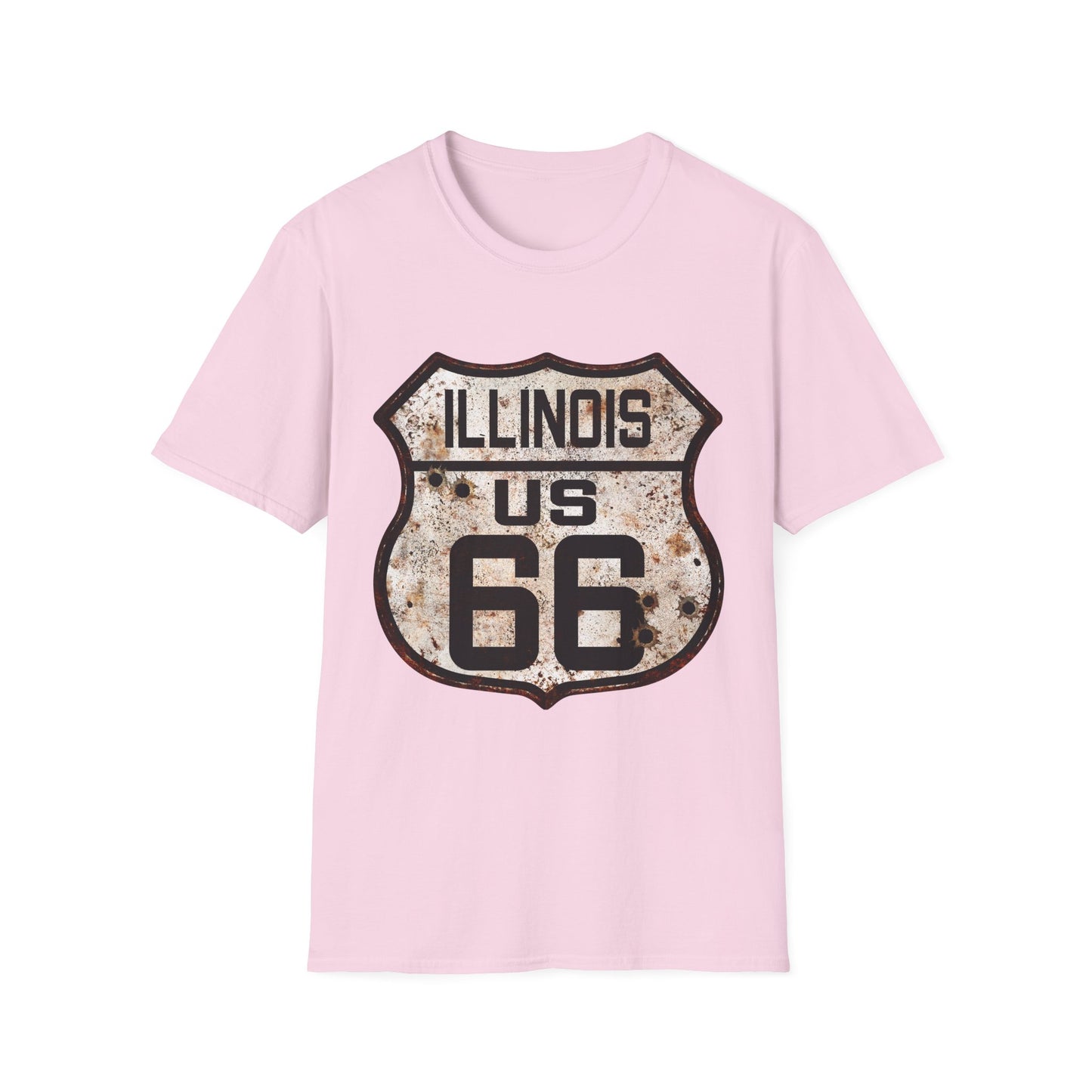 Vintage Illinois Route 66 Tee, Rusty Look with Bullet Holes on Route 66 Shield Unisex Softstyle T-Shirt