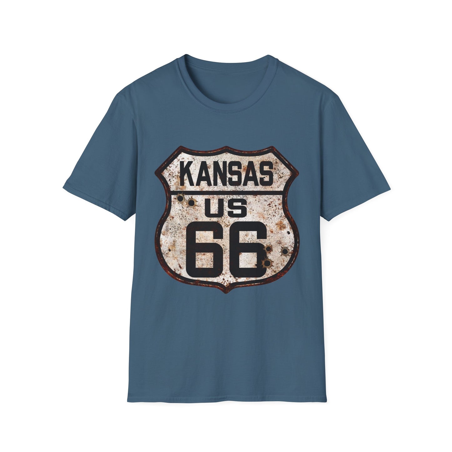 Vintage Kansas Route 66 Tee, Rusty Look with Bullet Holes on Route 66 Shield Unisex Softstyle T-Shirt