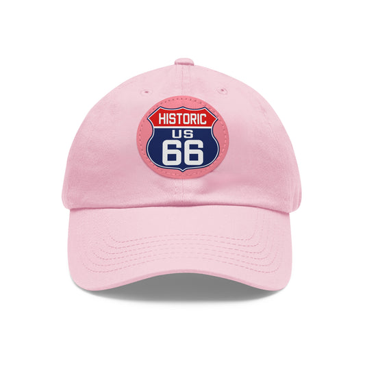 Route 66 Inspired Dad Hat in Red, White and Blue Dad Hat with Leather Patch (Round)