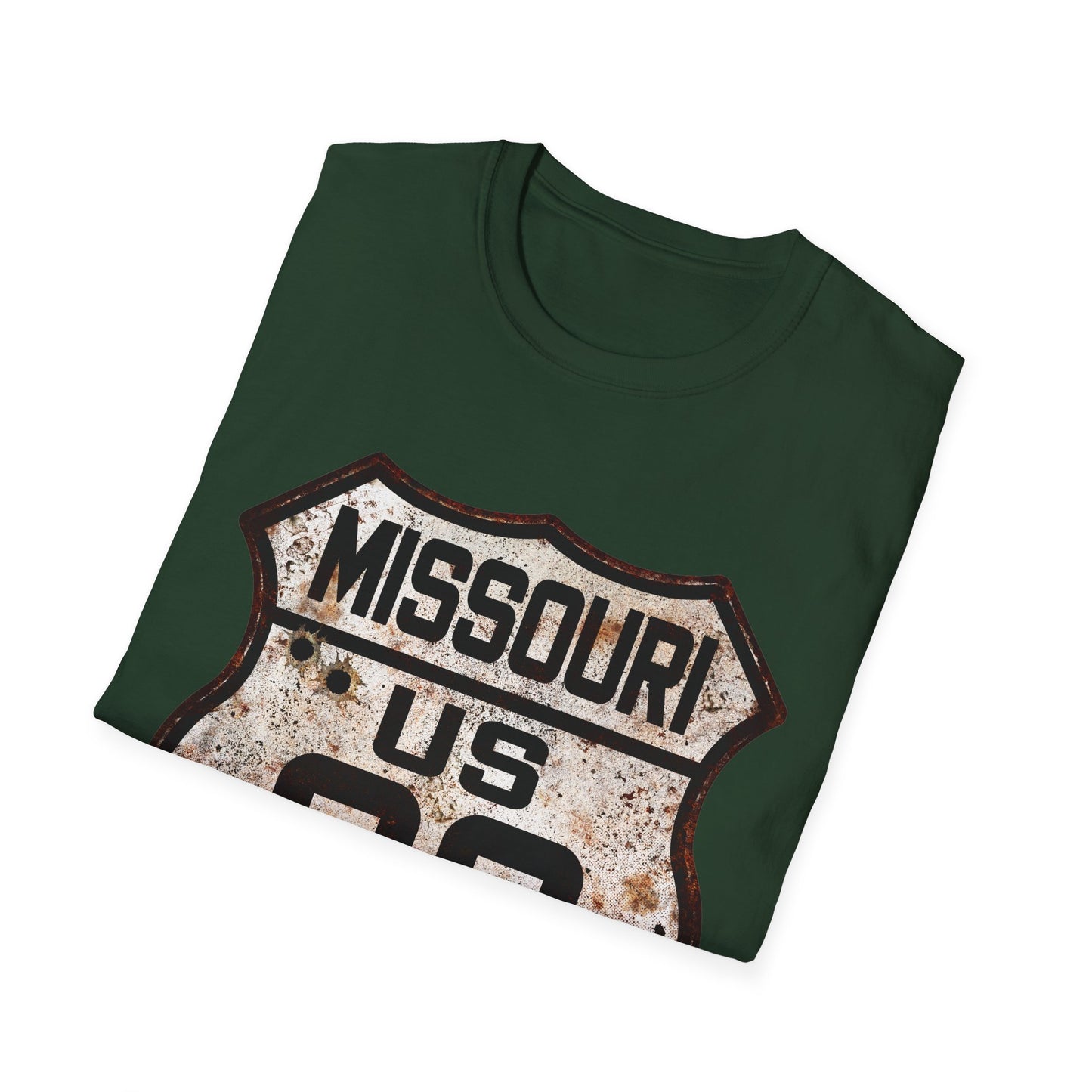 Vintage Missouri Route 66 Tee, Rusty Look with Bullet Holes on Route 66 Shield Unisex Softstyle T-Shirt