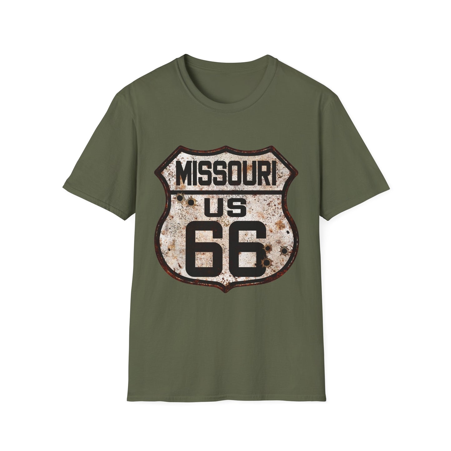 Vintage Missouri Route 66 Tee, Rusty Look with Bullet Holes on Route 66 Shield Unisex Softstyle T-Shirt