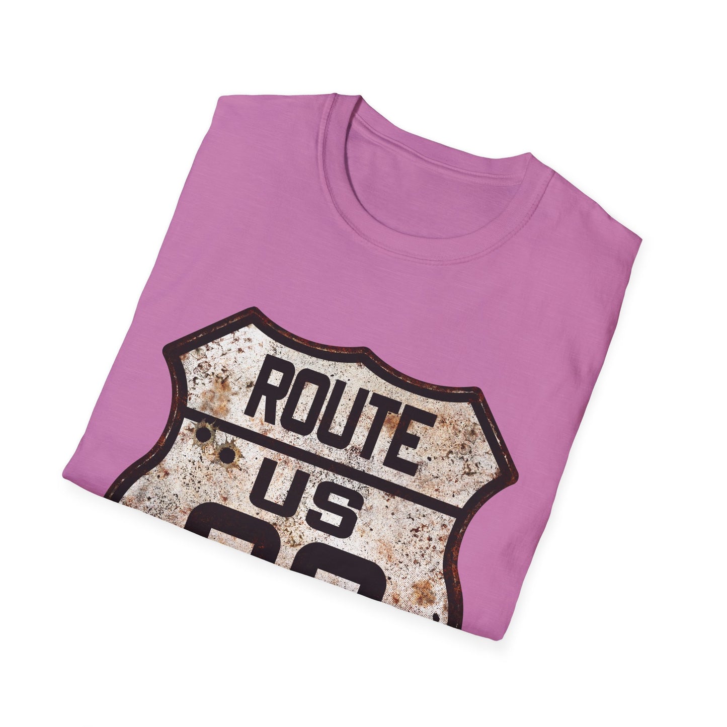 VIntage Route 66 Tee, Rusty Look with Bullet Holes on Route 66 Shield Unisex Softstyle T-Shirt