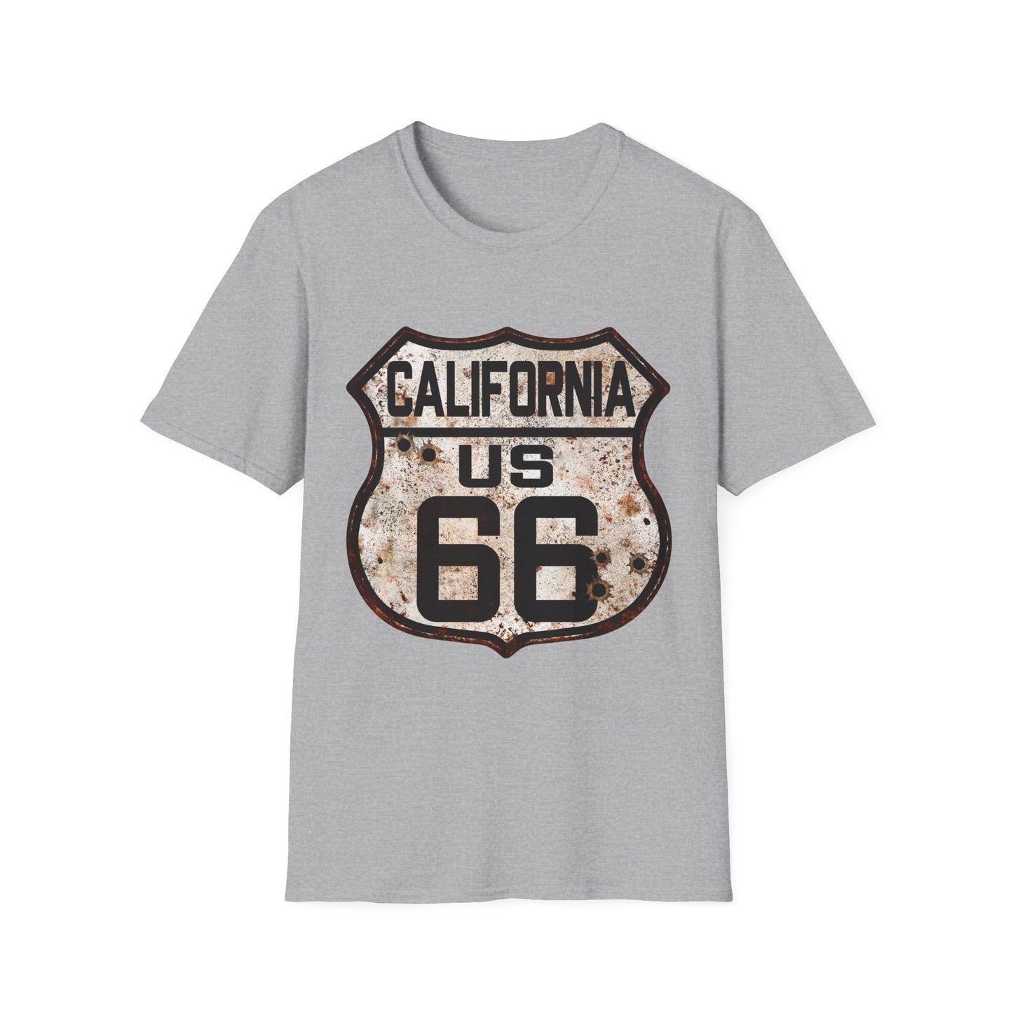 Vintage California Route 66 Tee, Rusty Look with Bullet Holes on Route 66 Shield Unisex Softstyle T-Shirt