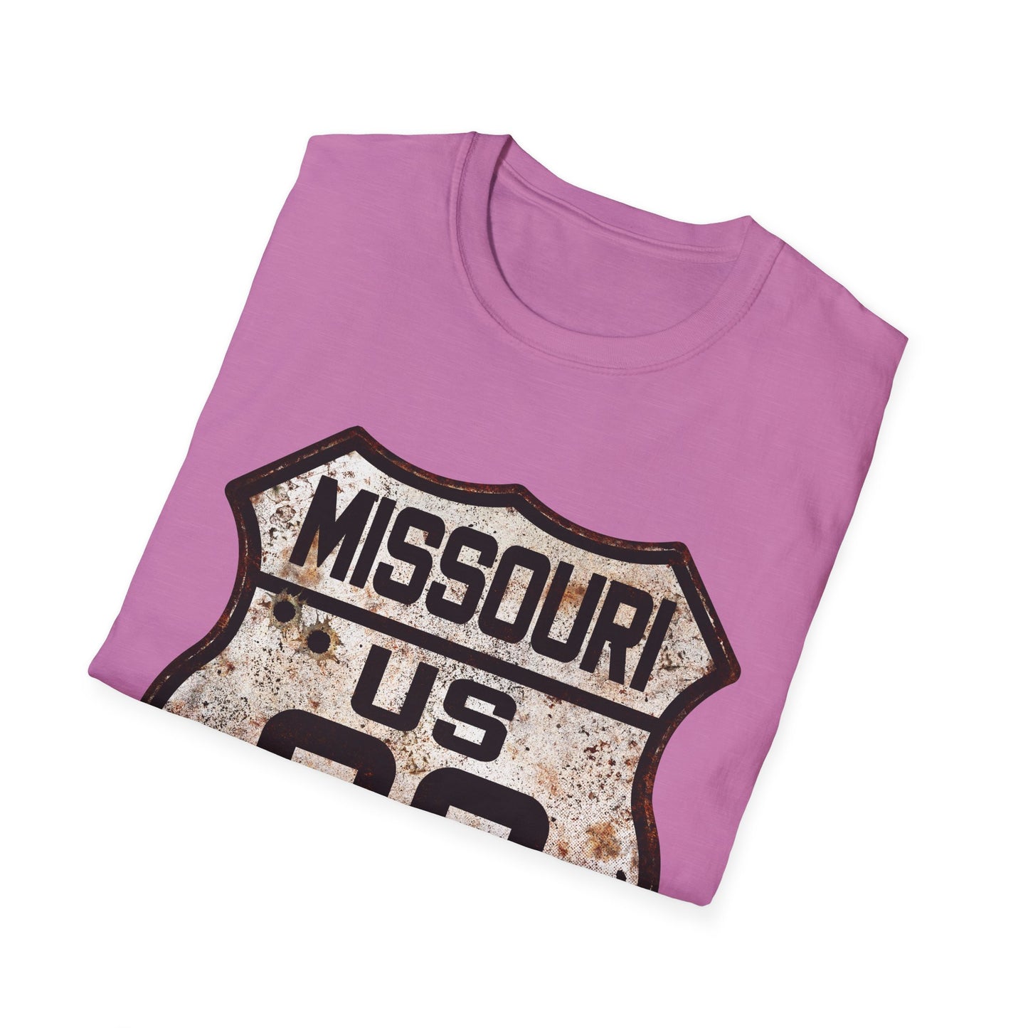 Vintage Missouri Route 66 Tee, Rusty Look with Bullet Holes on Route 66 Shield Unisex Softstyle T-Shirt