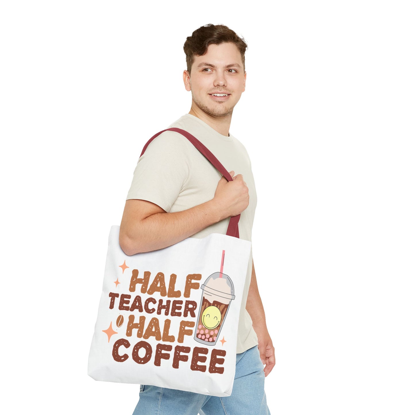 Funny Teacher Tote Bag - Half Teacher Half Coffee Design