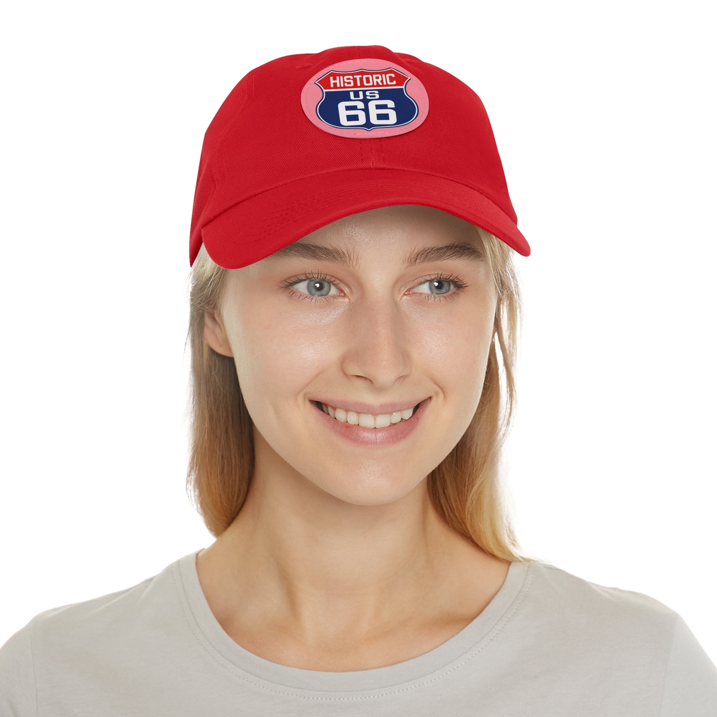 Route 66 Inspired Dad Hat in Red, White and Blue Dad Hat with Leather Patch (Round)