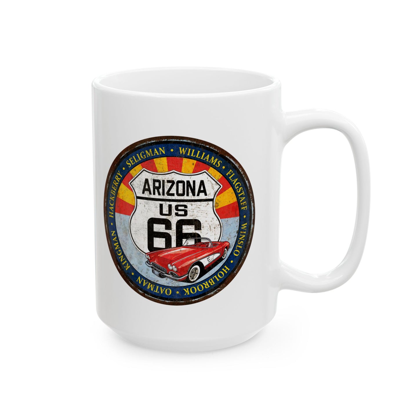 Retro Arizona Route 66 Sign Coffee Mug - Vintage Round Style Ceramic Mug, (11oz, 15oz)