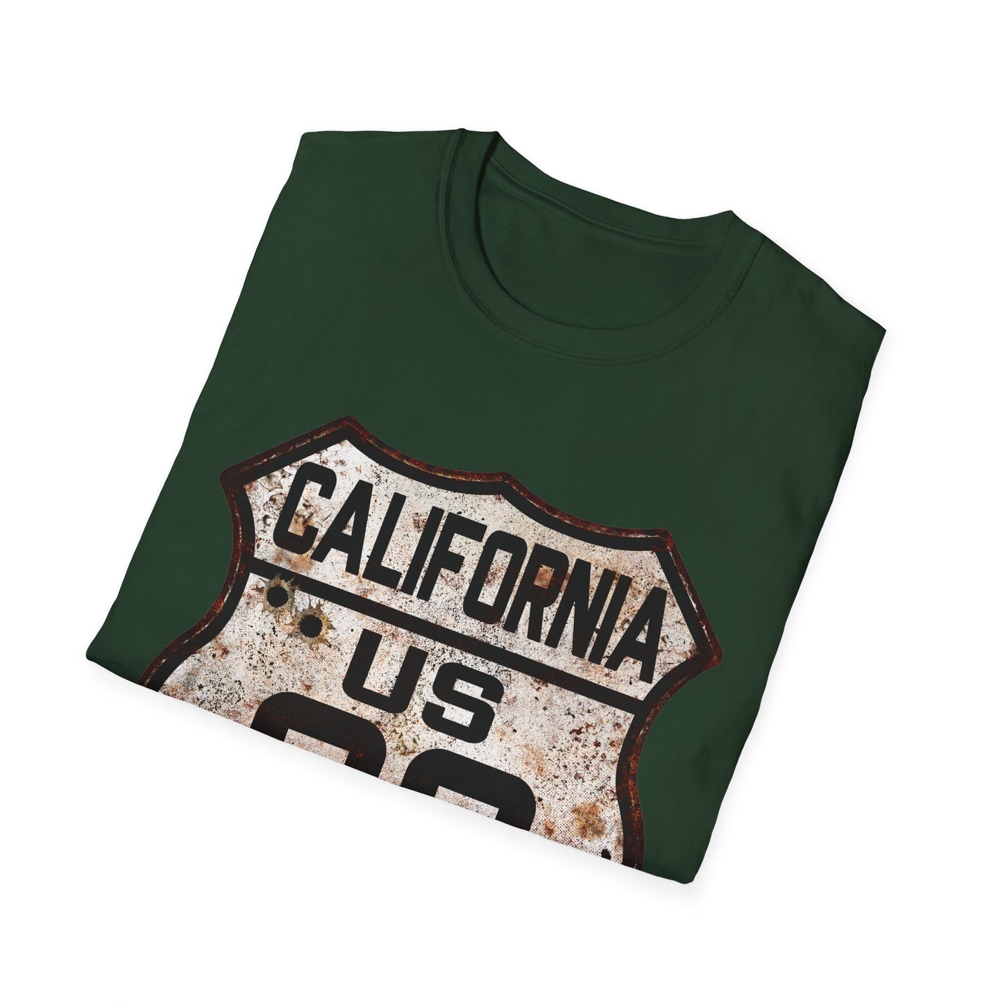 Vintage California Route 66 Tee, Rusty Look with Bullet Holes on Route 66 Shield Unisex Softstyle T-Shirt