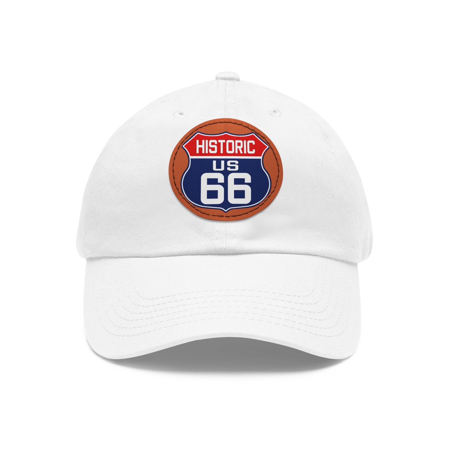 Route 66 Inspired Dad Hat in Red, White and Blue Dad Hat with Leather Patch (Round)