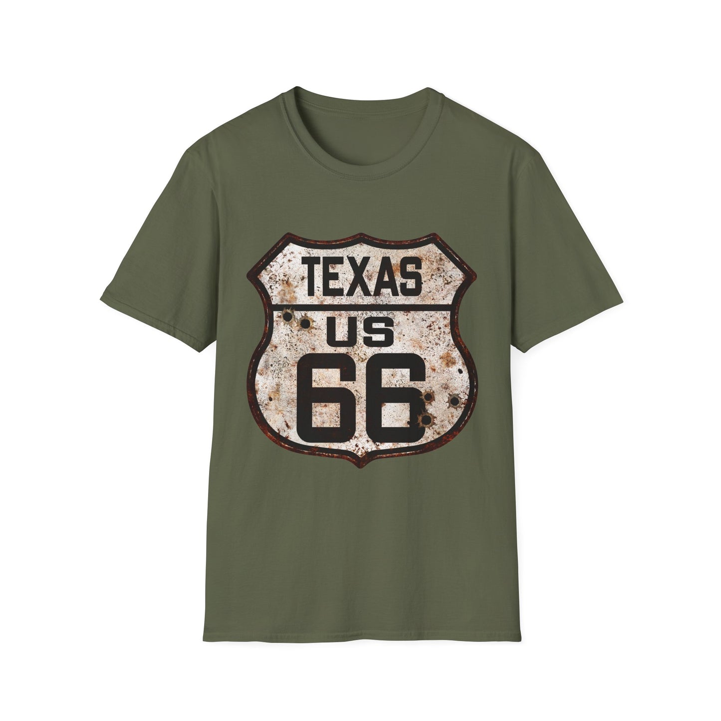 Vintage Texas Route 66 Tee, Rusty Look with Bullet Holes on Route 66 Shield Unisex Softstyle T-Shirt