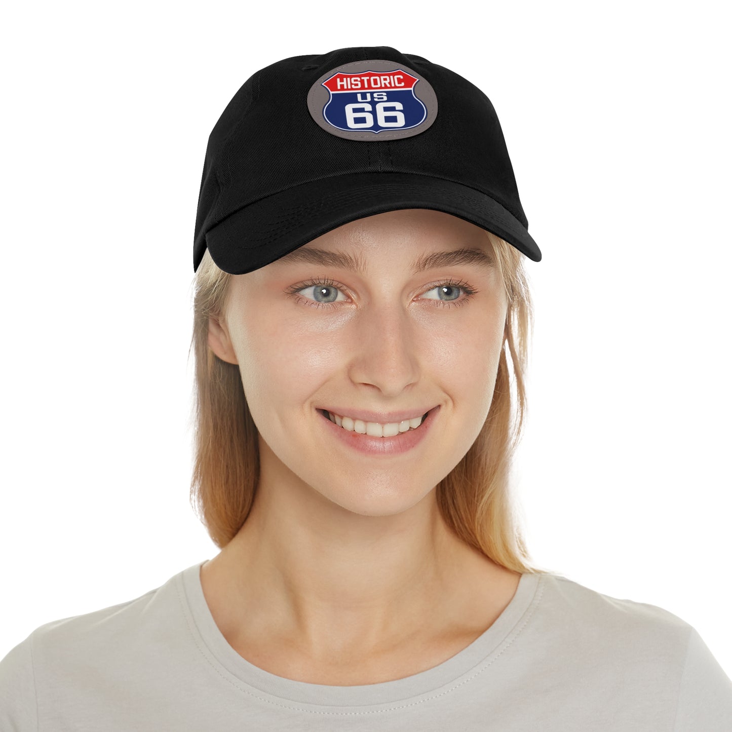 Route 66 Inspired Dad Hat in Red, White and Blue Dad Hat with Leather Patch (Round)