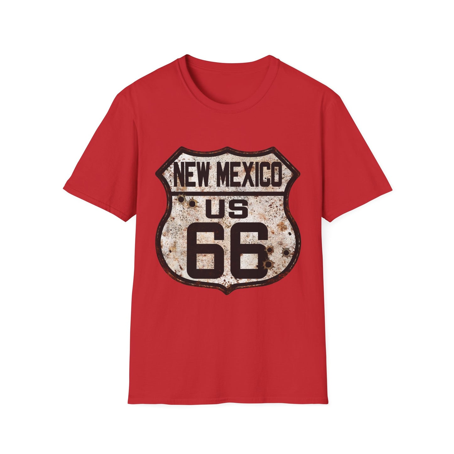 Vintage New Mexico Route 66 Tee, Rusty Look with Bullet Holes on Route 66 Shield Unisex Softstyle T-Shirt