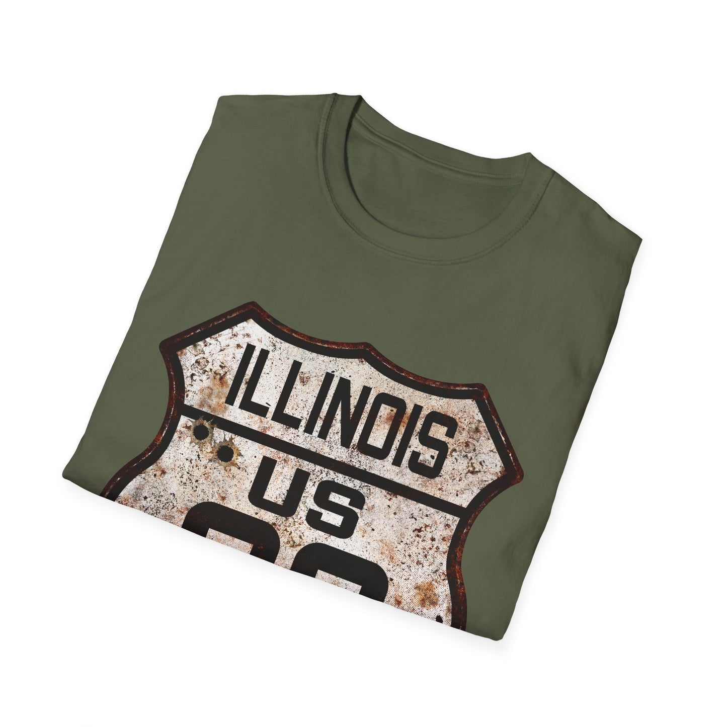 Vintage Illinois Route 66 Tee, Rusty Look with Bullet Holes on Route 66 Shield Unisex Softstyle T-Shirt