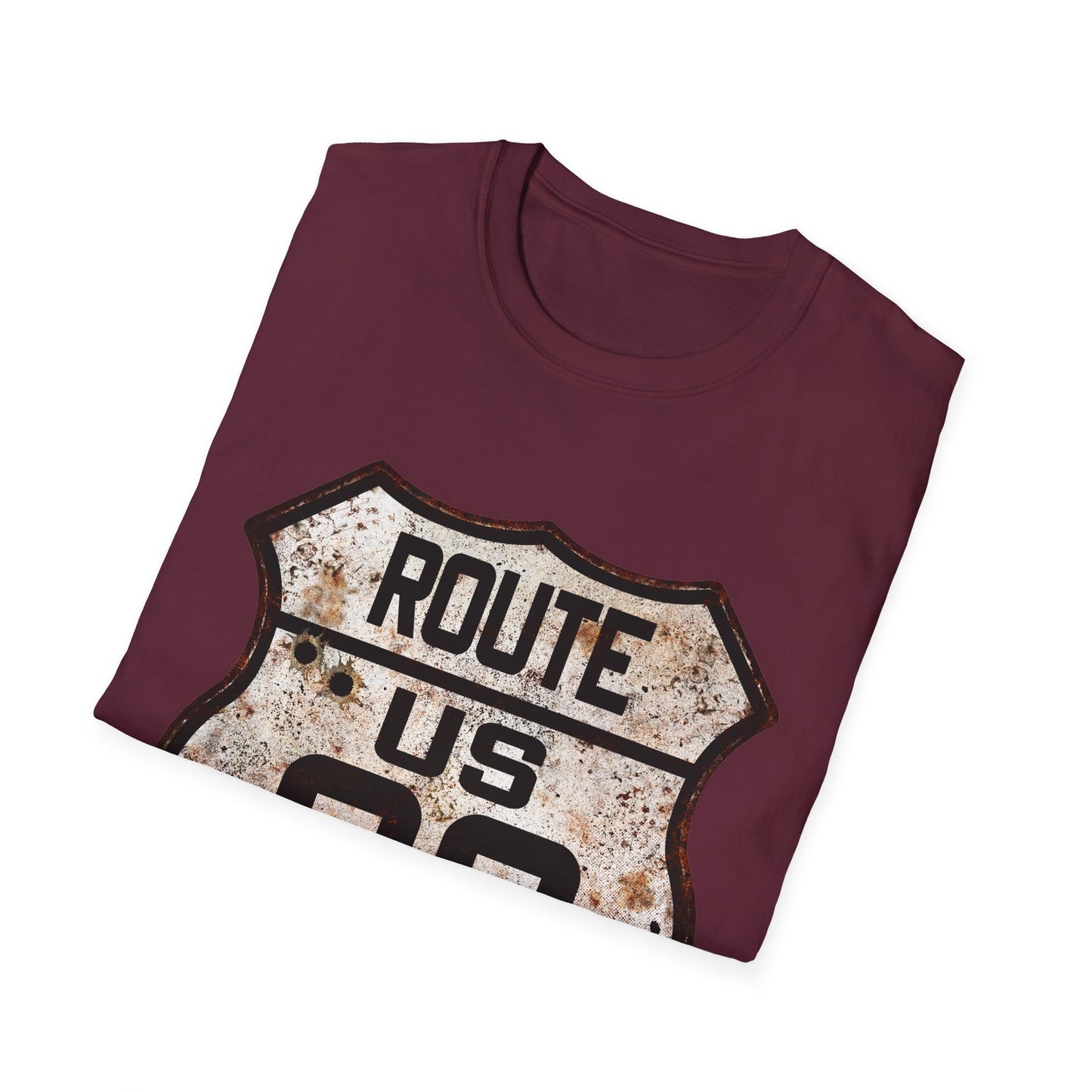 VIntage Route 66 Tee, Rusty Look with Bullet Holes on Route 66 Shield Unisex Softstyle T-Shirt