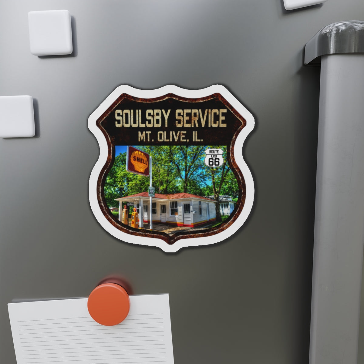 Vintage Rusty Soulsby Service Station Die-Cut Magnet - Route 66 Highway Shield Illinois