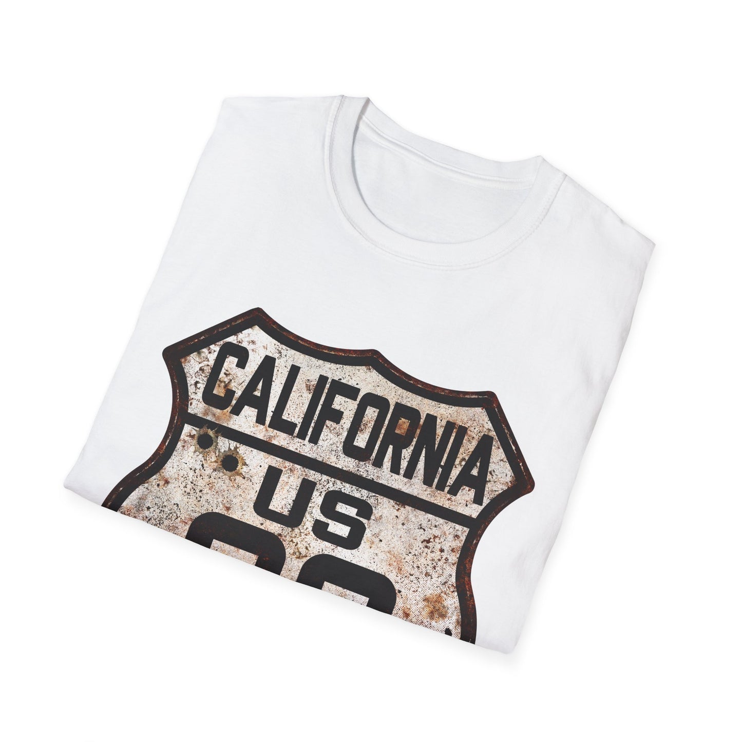 Vintage California Route 66 Tee, Rusty Look with Bullet Holes on Route 66 Shield Unisex Softstyle T-Shirt