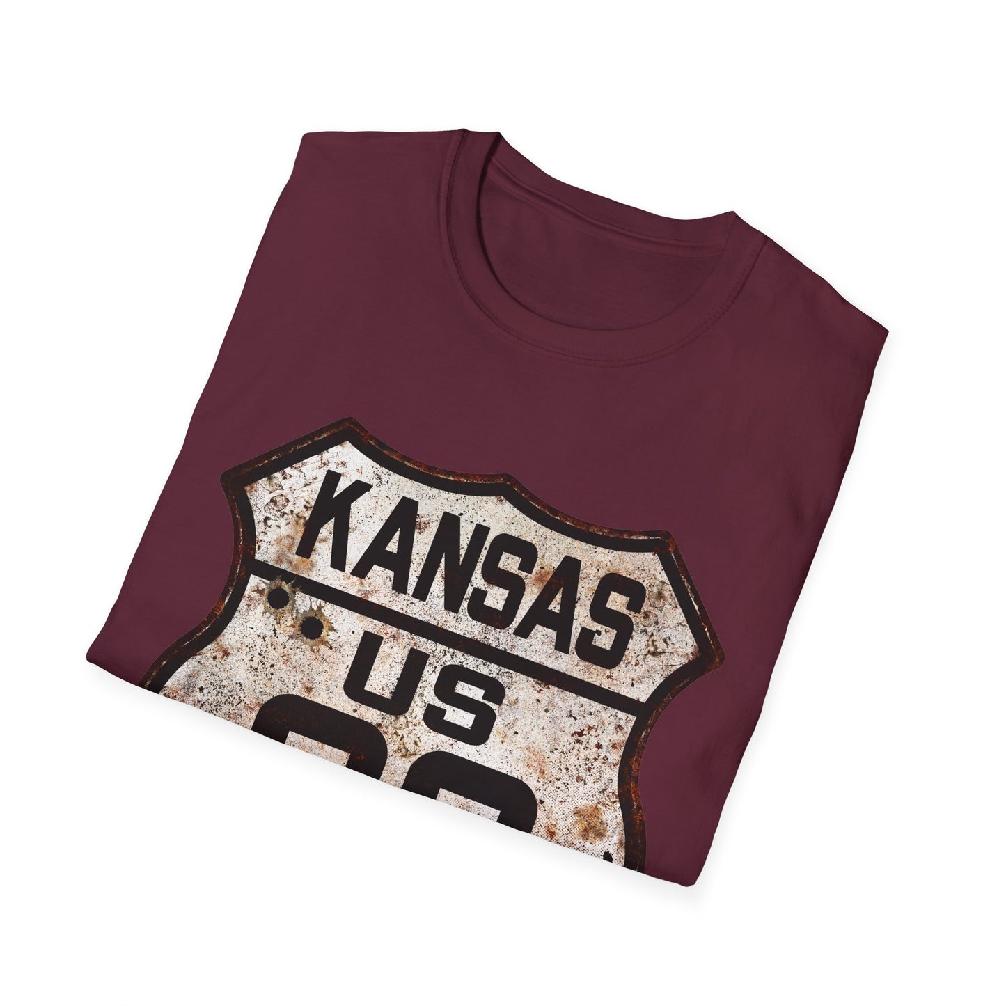 Vintage Kansas Route 66 Tee, Rusty Look with Bullet Holes on Route 66 Shield Unisex Softstyle T-Shirt