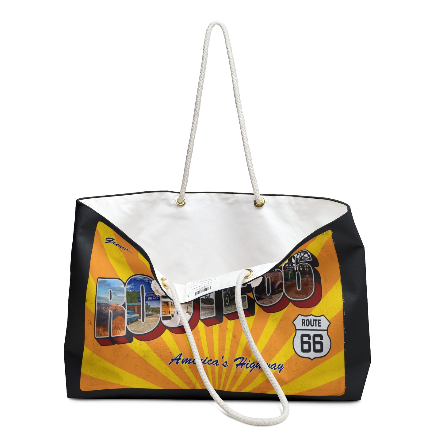 Weekend Getaway Essential: Route 66 Retro Postcard Weekender Bag