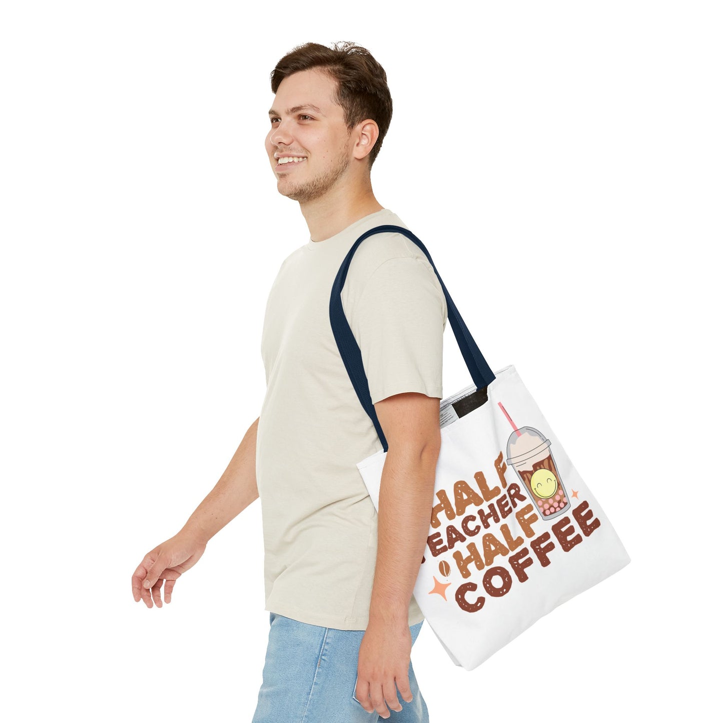 Funny Teacher Tote Bag - Half Teacher Half Coffee Design