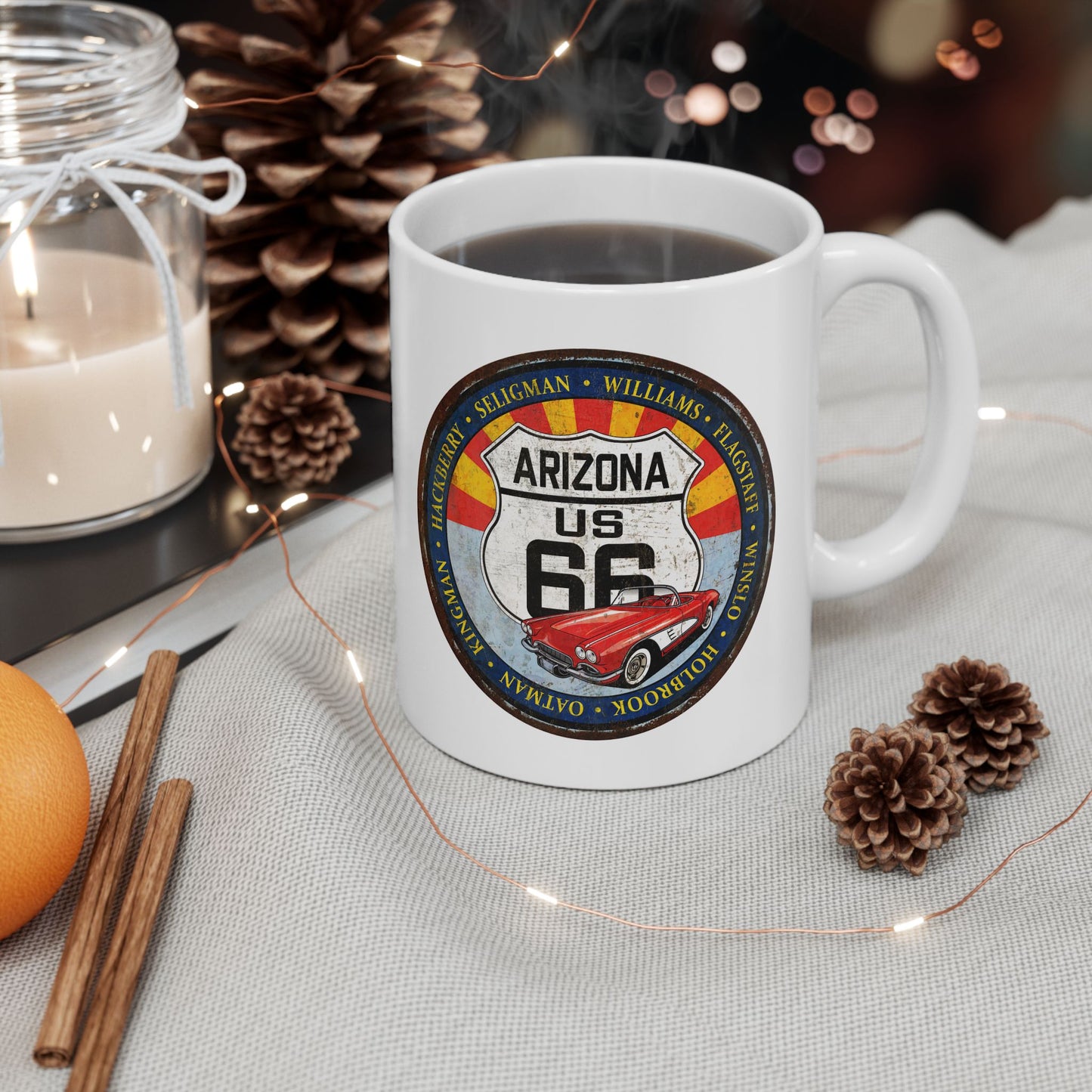 Retro Arizona Route 66 Sign Coffee Mug - Vintage Round Style Ceramic Mug, (11oz, 15oz)