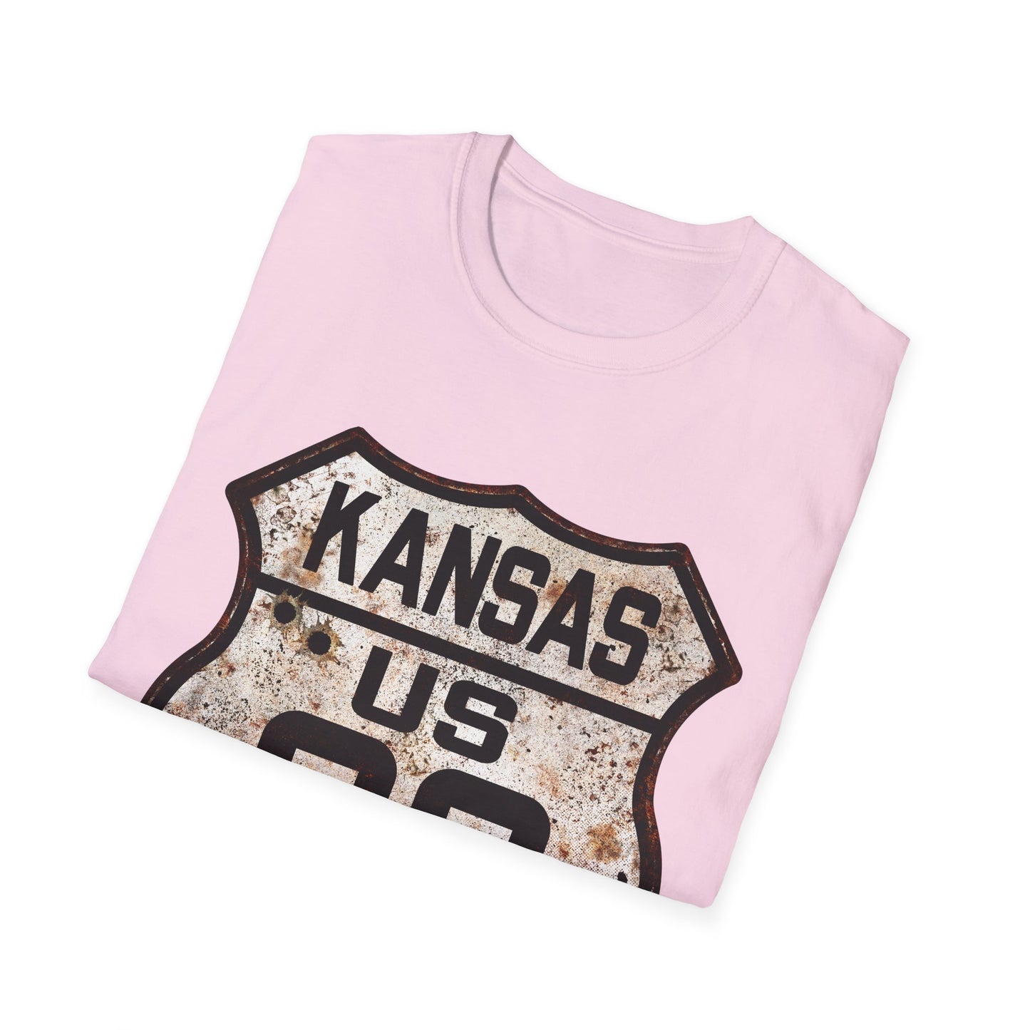 Vintage Kansas Route 66 Tee, Rusty Look with Bullet Holes on Route 66 Shield Unisex Softstyle T-Shirt