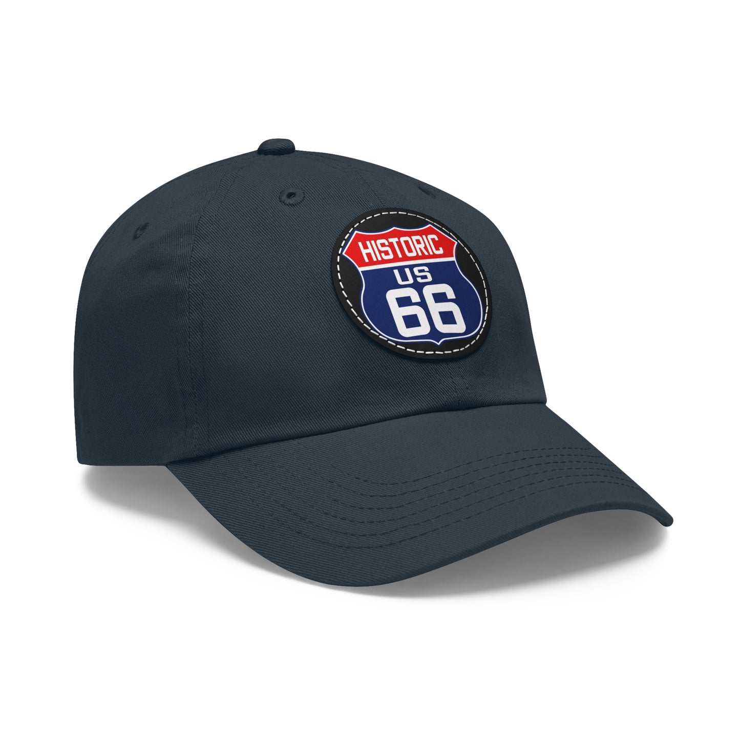 Route 66 Inspired Dad Hat in Red, White and Blue Dad Hat with Leather Patch (Round)