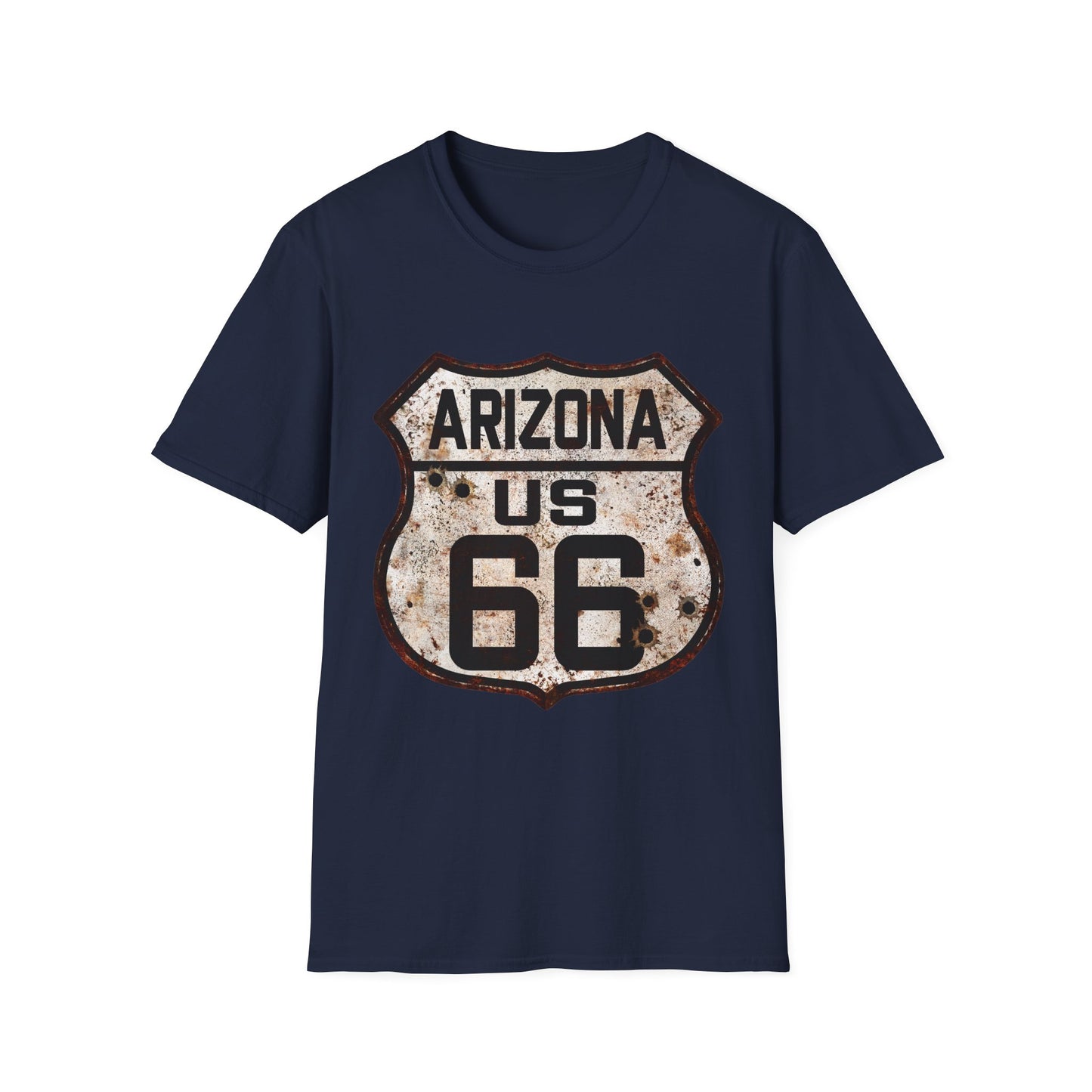 Vintage Arizona Route 66 Tee, Rusty Look with Bullet Holes on Route 66 Shield Unisex Softstyle T-Shirt